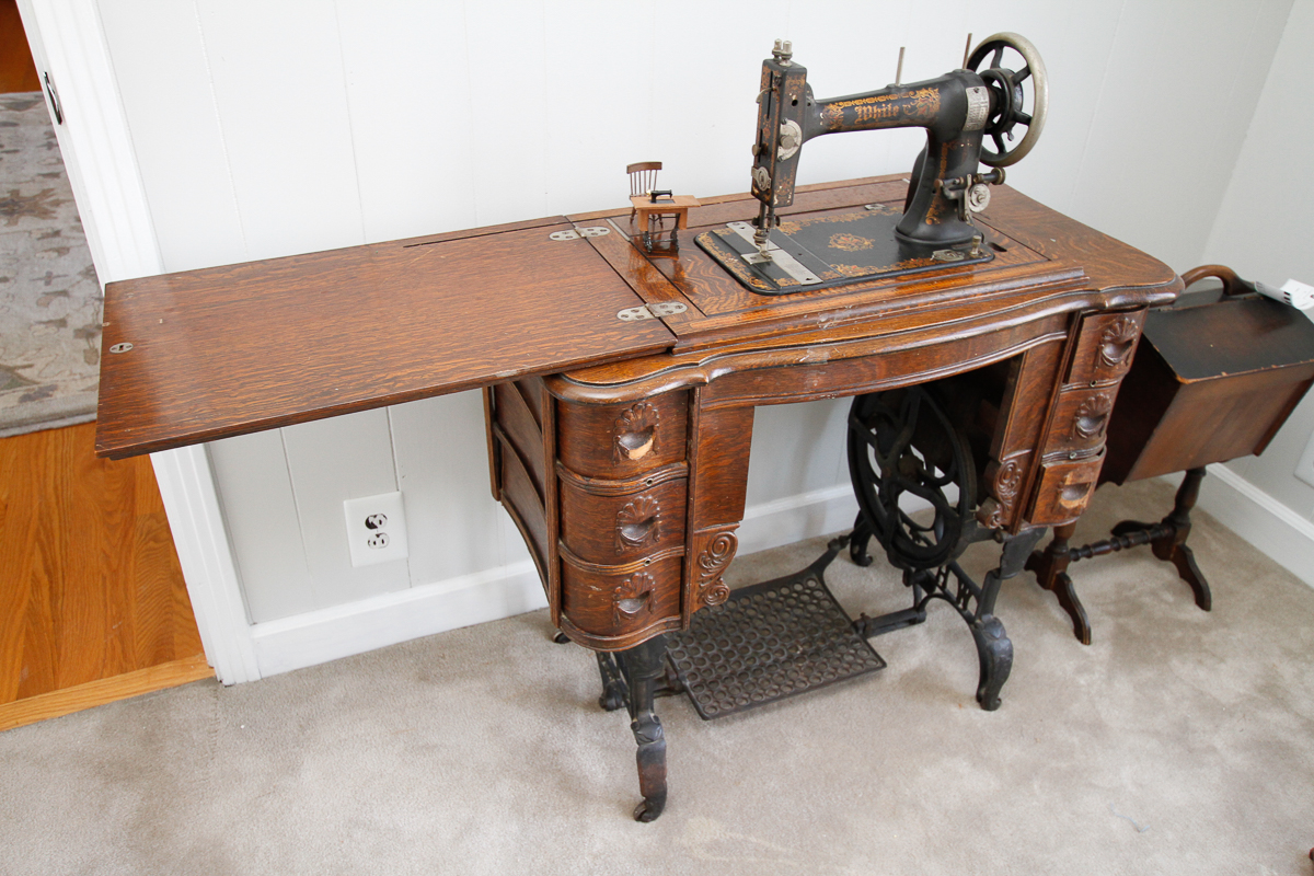 Antique Oak Sewing Table with White Sewing Machine