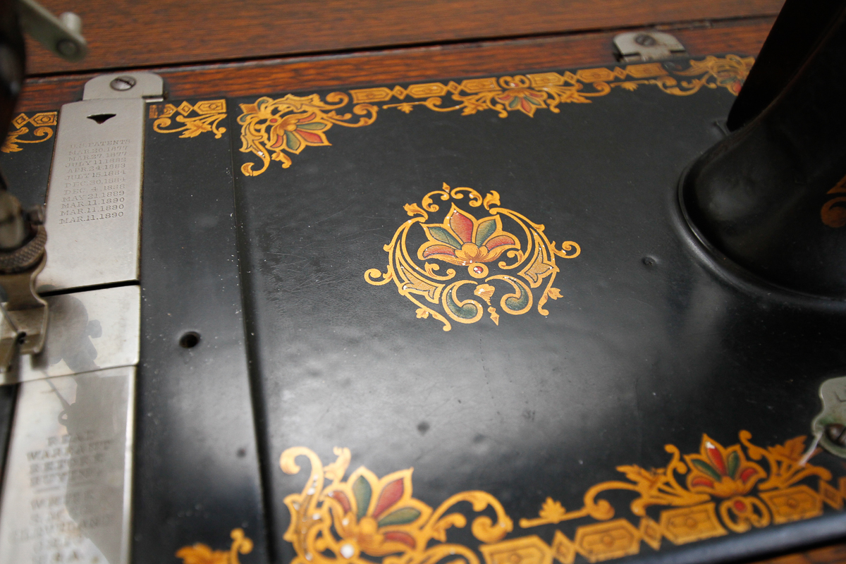 Antique Oak Sewing Table with White Sewing Machine