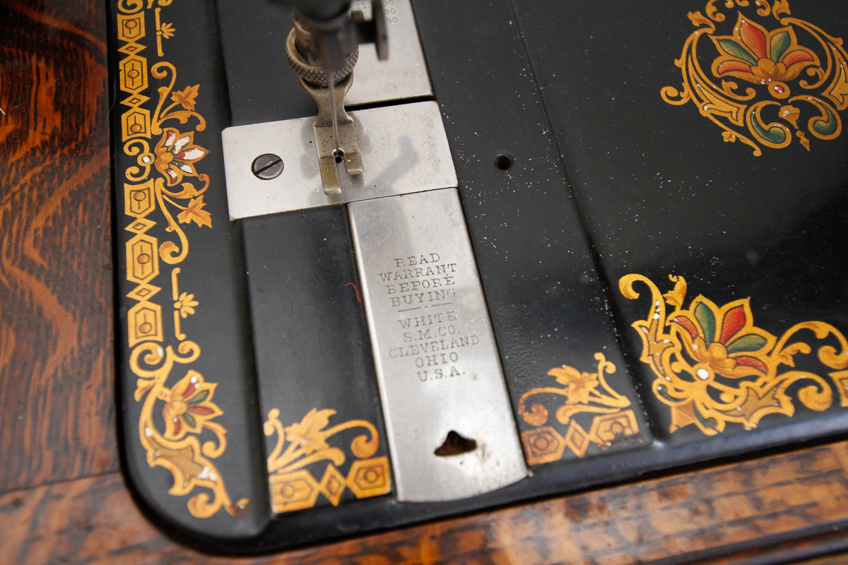 Antique Oak Sewing Table with White Sewing Machine