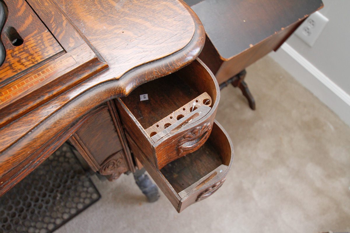 Antique Oak Sewing Table with White Sewing Machine
