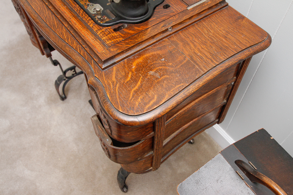 Antique Oak Sewing Table with White Sewing Machine