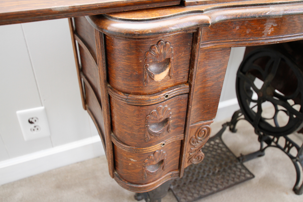 Antique Oak Sewing Table with White Sewing Machine