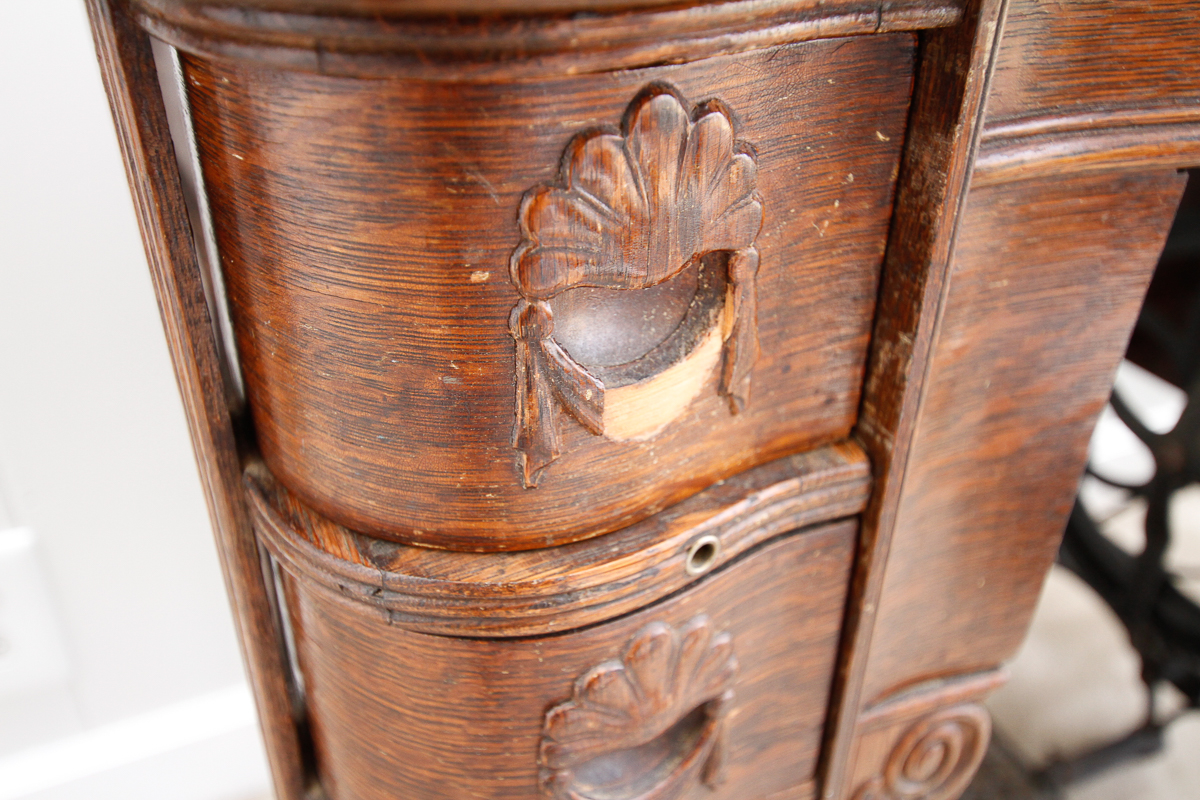 Antique Oak Sewing Table with White Sewing Machine