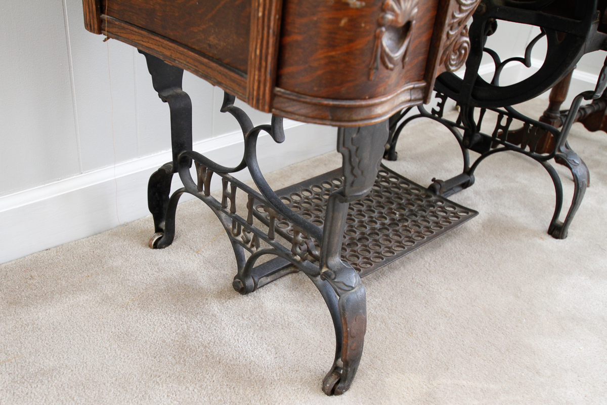 Antique Oak Sewing Table with White Sewing Machine