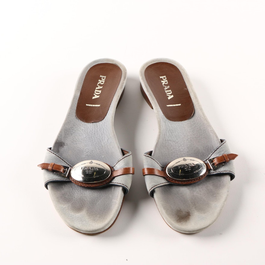 Women's Prada Leather Slide Sandals in Gray and Brwon