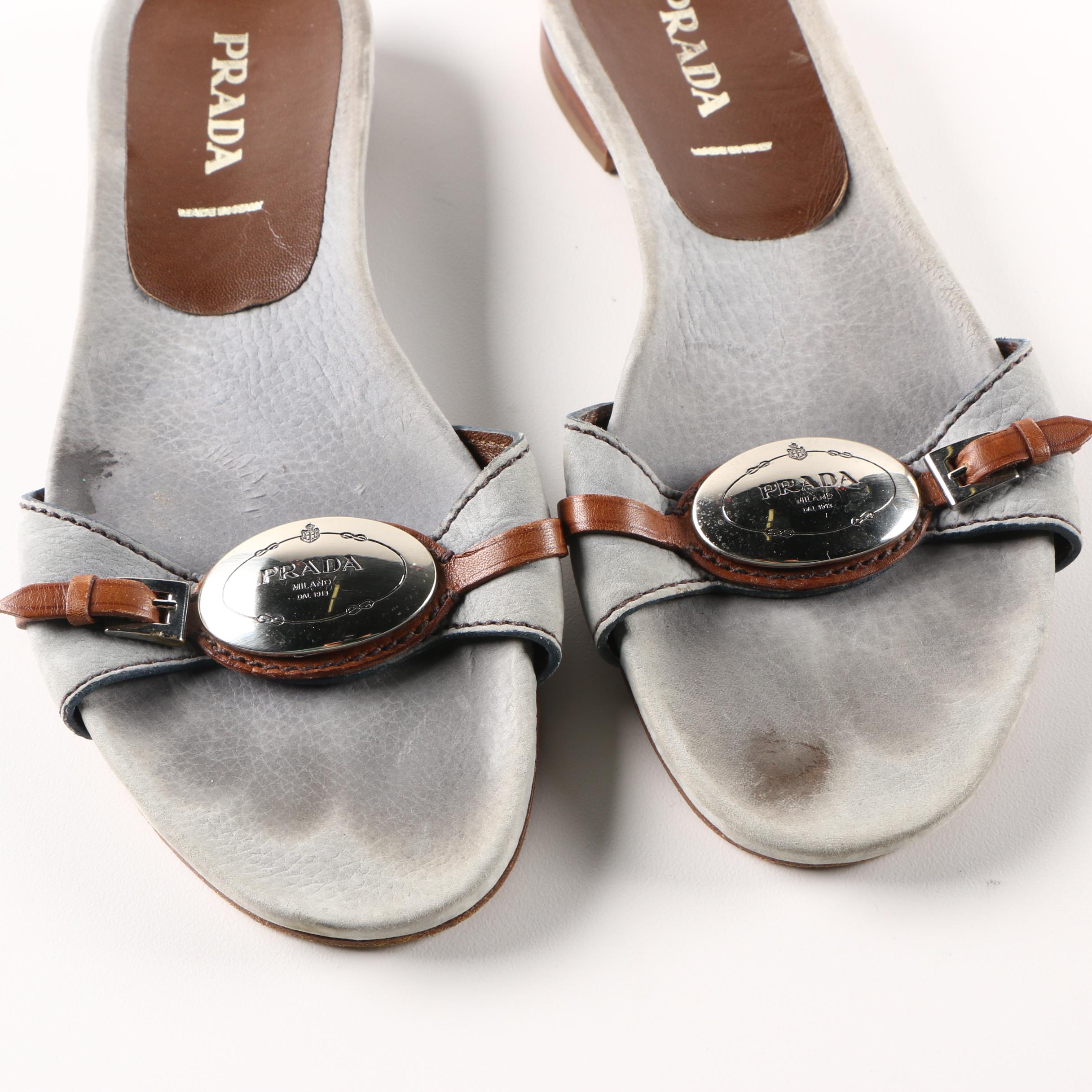 Women's Prada Leather Slide Sandals in Gray and Brwon