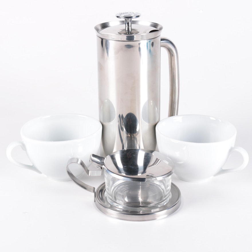Espro Stainless Steel Pitcher, Apilco Ceramic Cups and Salt Cellar
