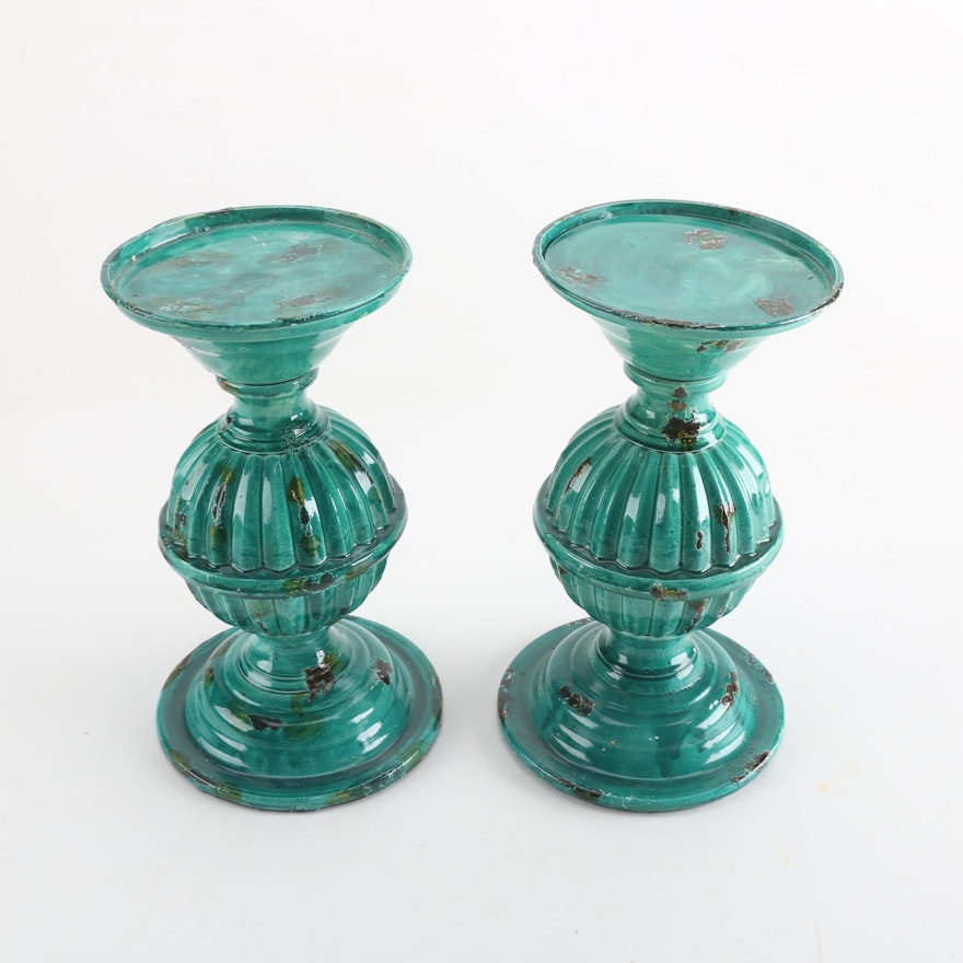 Teal Enamel Metal Candle Holders