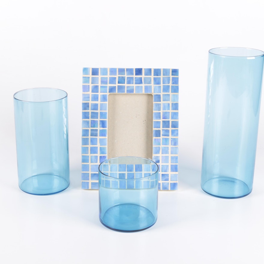 Blue Glass Decor Including Vases and Mosaic Photo Frame