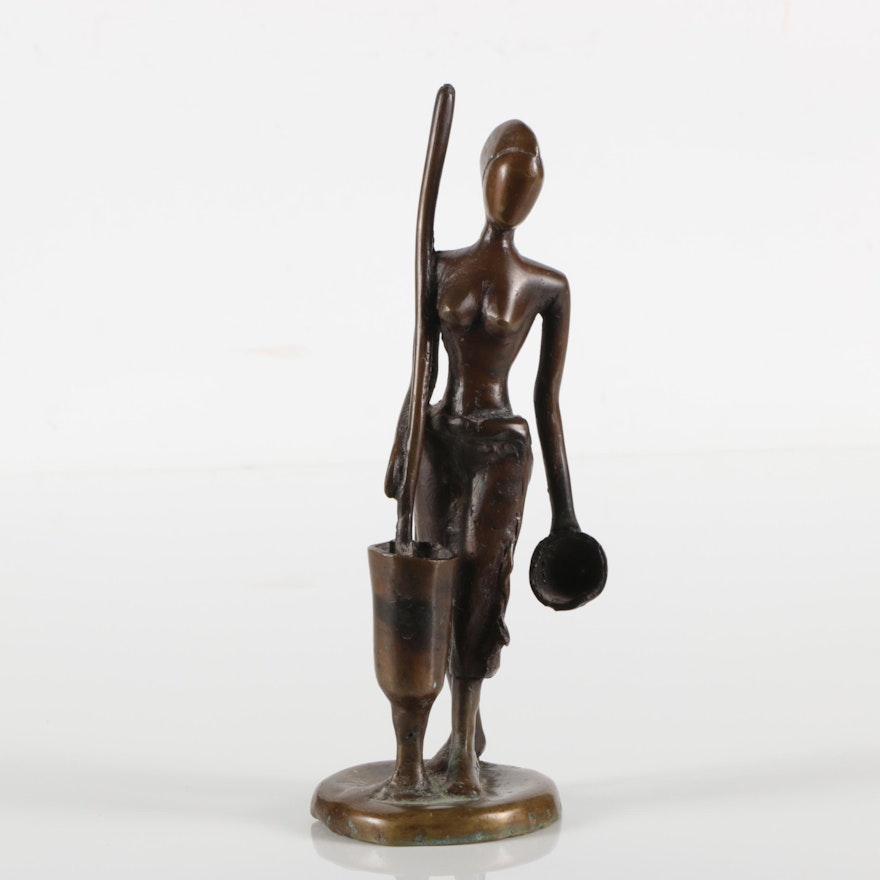 Brass Sculpture of Female Figure with Bowl and Churn