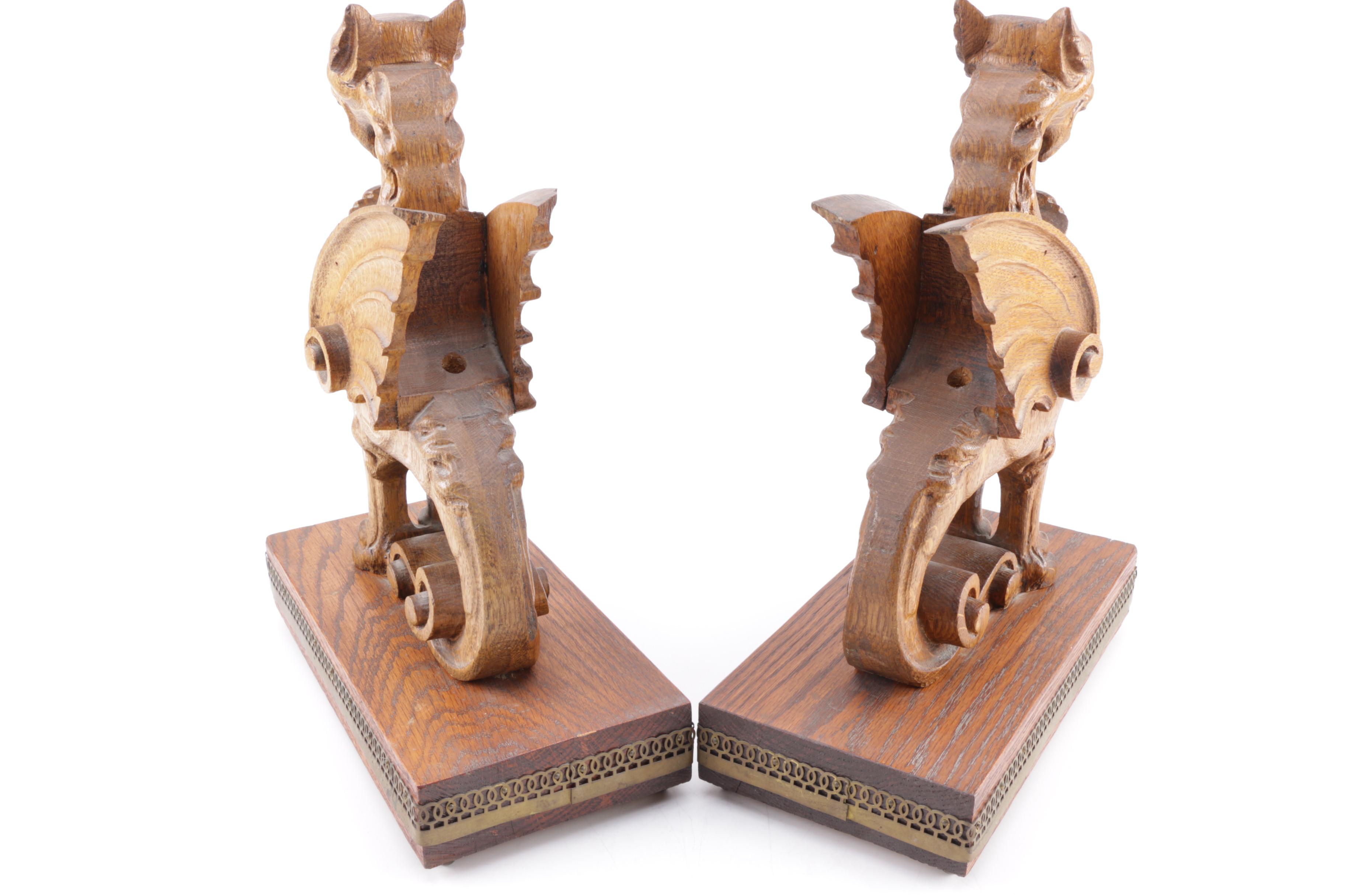 Pair of Antique Hand Carved Pecan Wood Winged Griffins