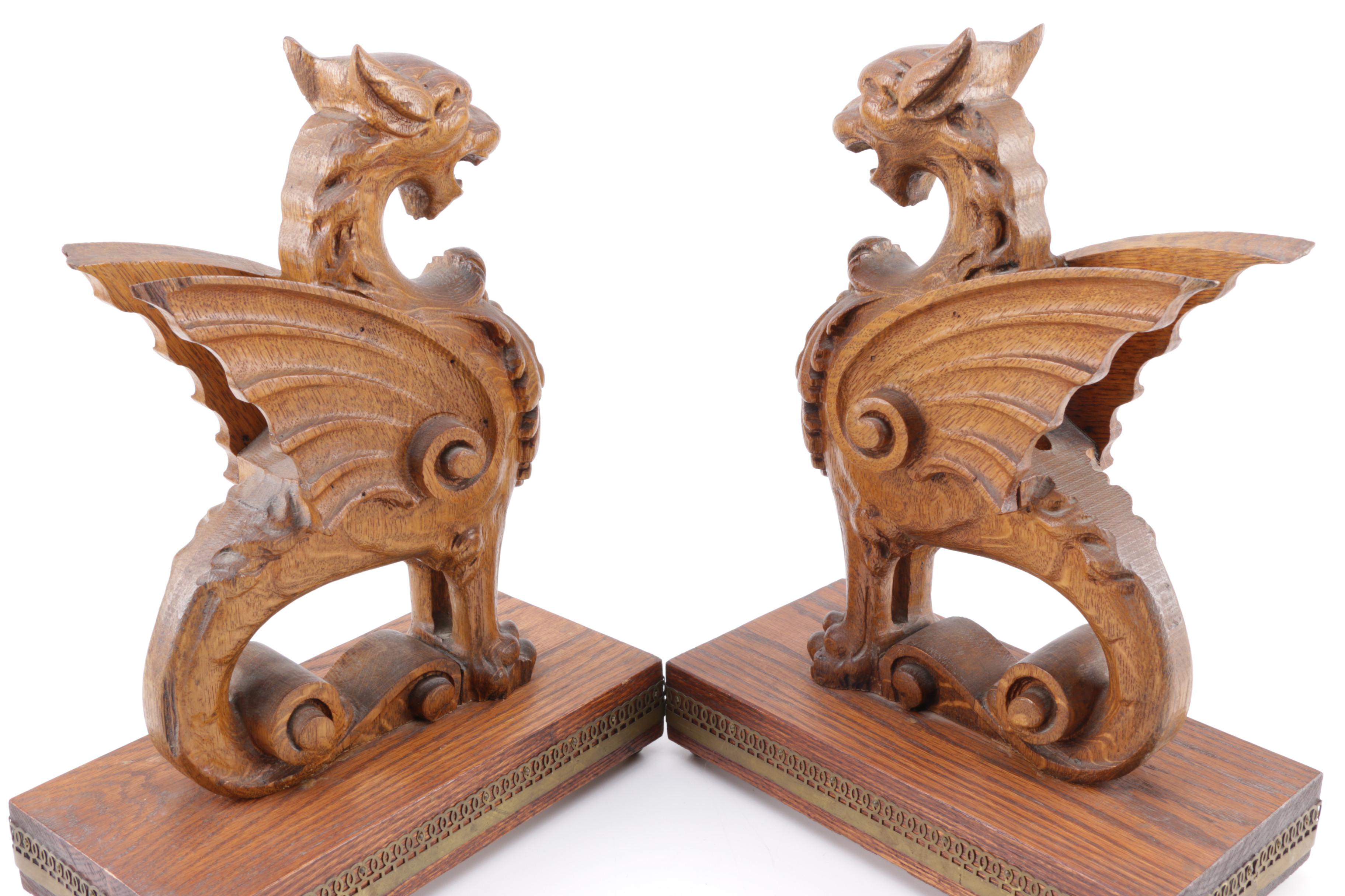 Pair of Antique Hand Carved Pecan Wood Winged Griffins