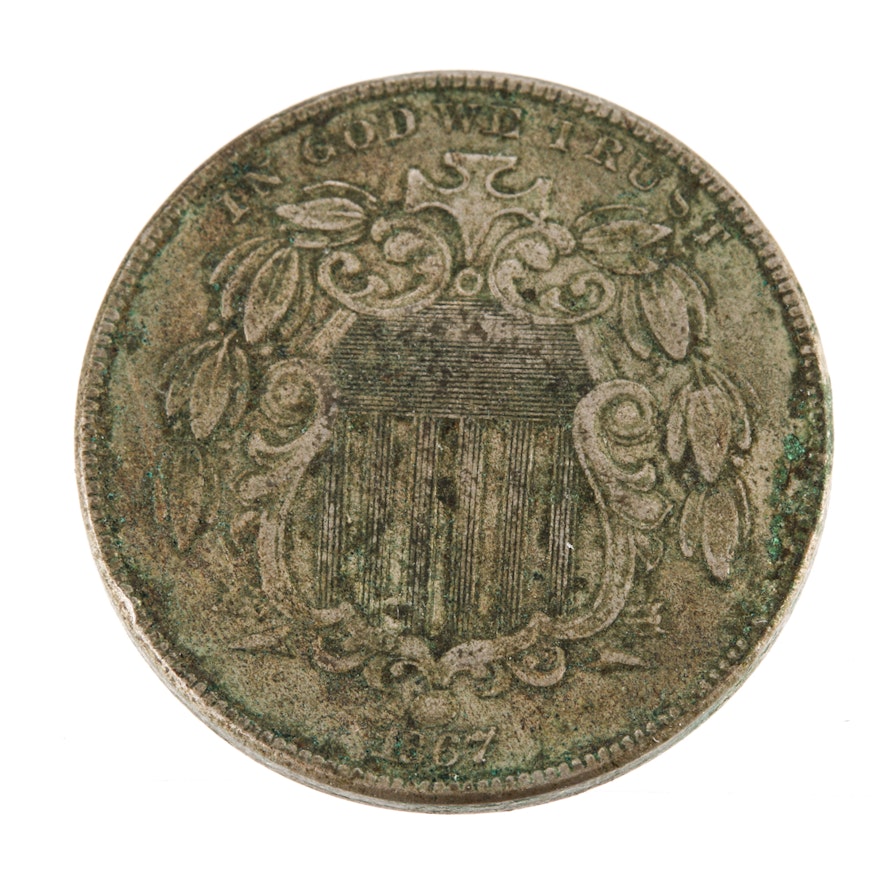 1867 U.S. Shield Nickel, with Rays Variety