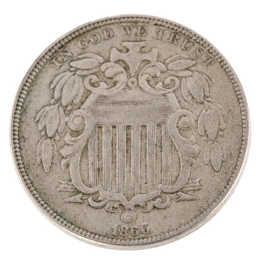 1866 U.S. Shield Nickel, with Rays Variety.