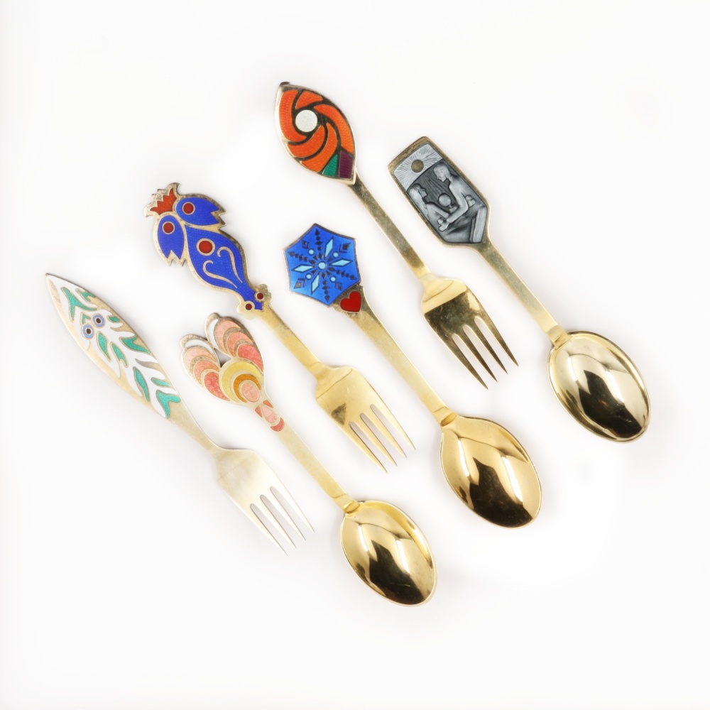 Danish Anton Michelsen Sterling Silver Christmas Enameled Spoons and Forks