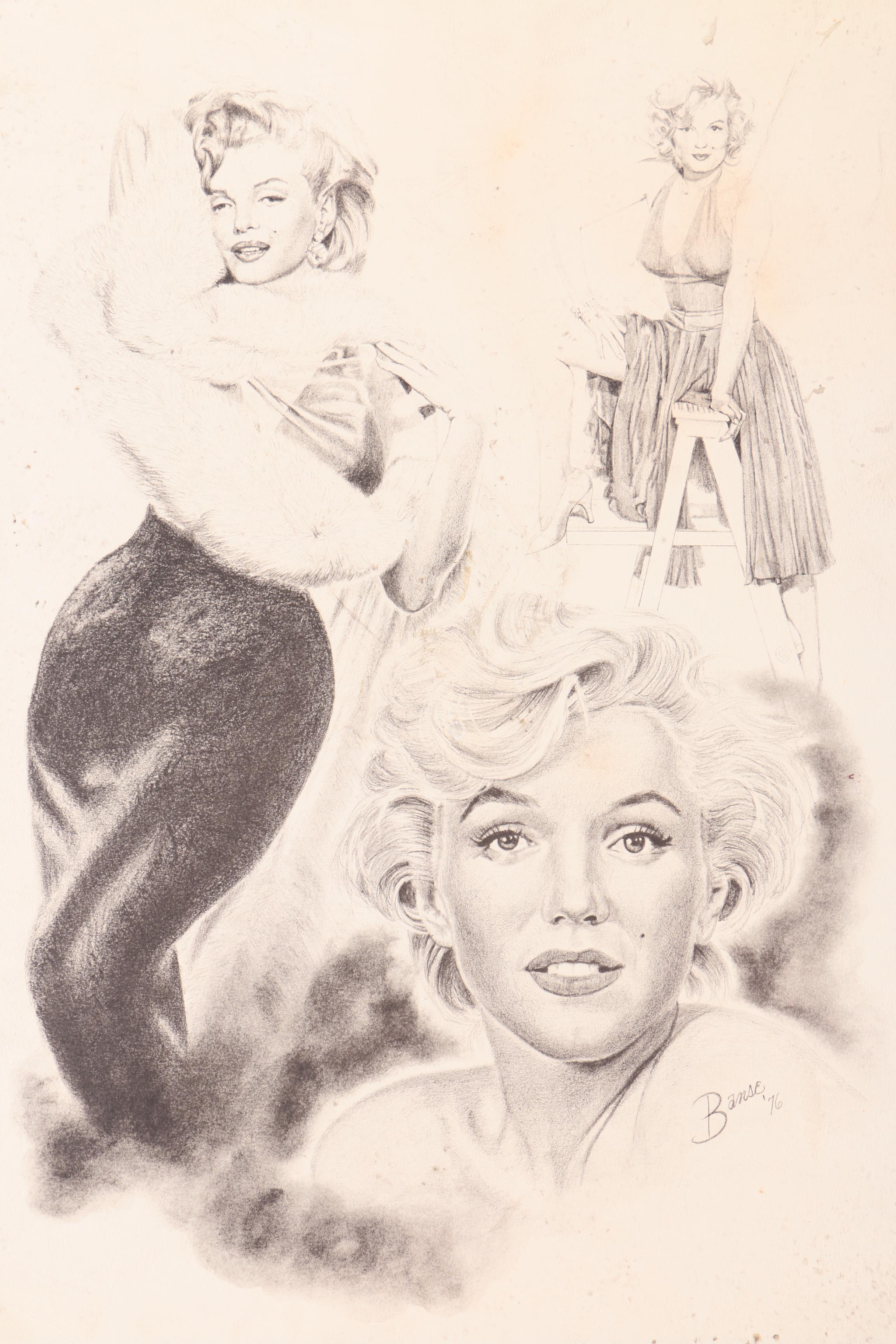 Vintage Half Tone Prints Drawings of Marilyn Monroe and Humphrey Bogart
