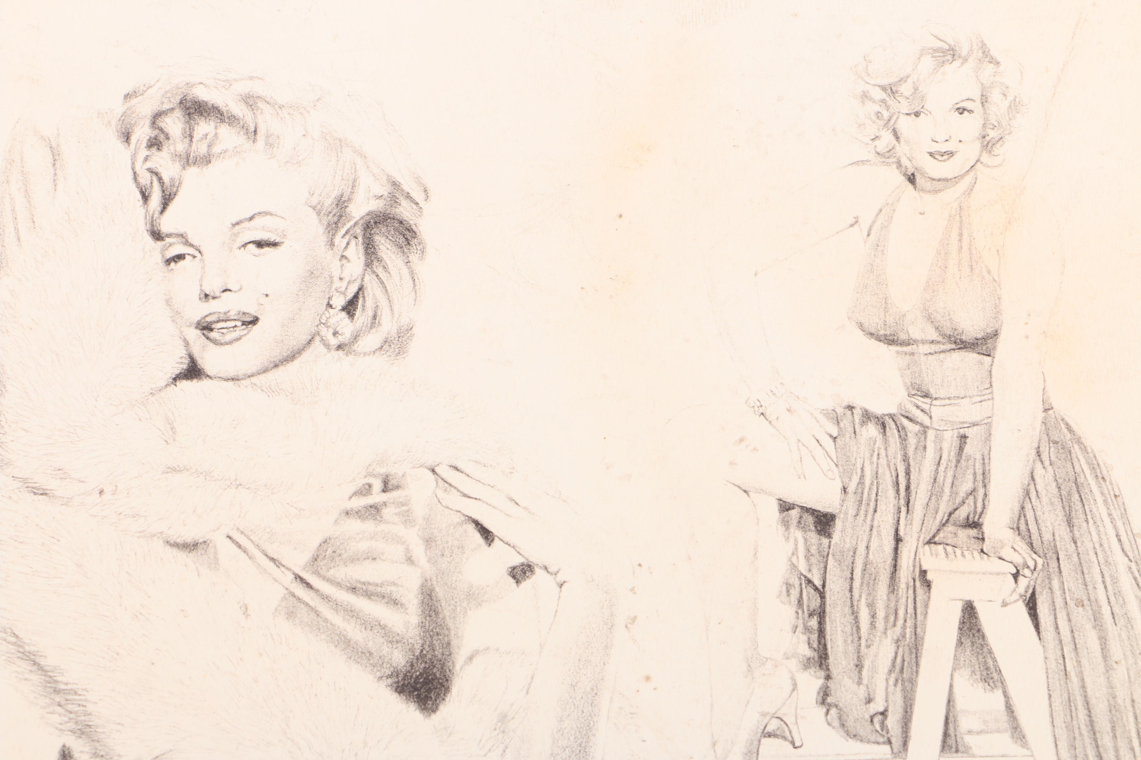 Vintage Half Tone Prints Drawings of Marilyn Monroe and Humphrey Bogart