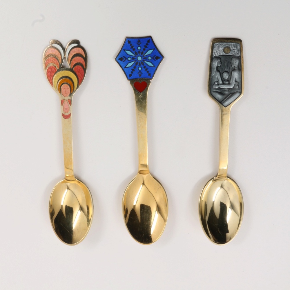 Danish Anton Michelsen Sterling Silver Christmas Enameled Spoons and Forks