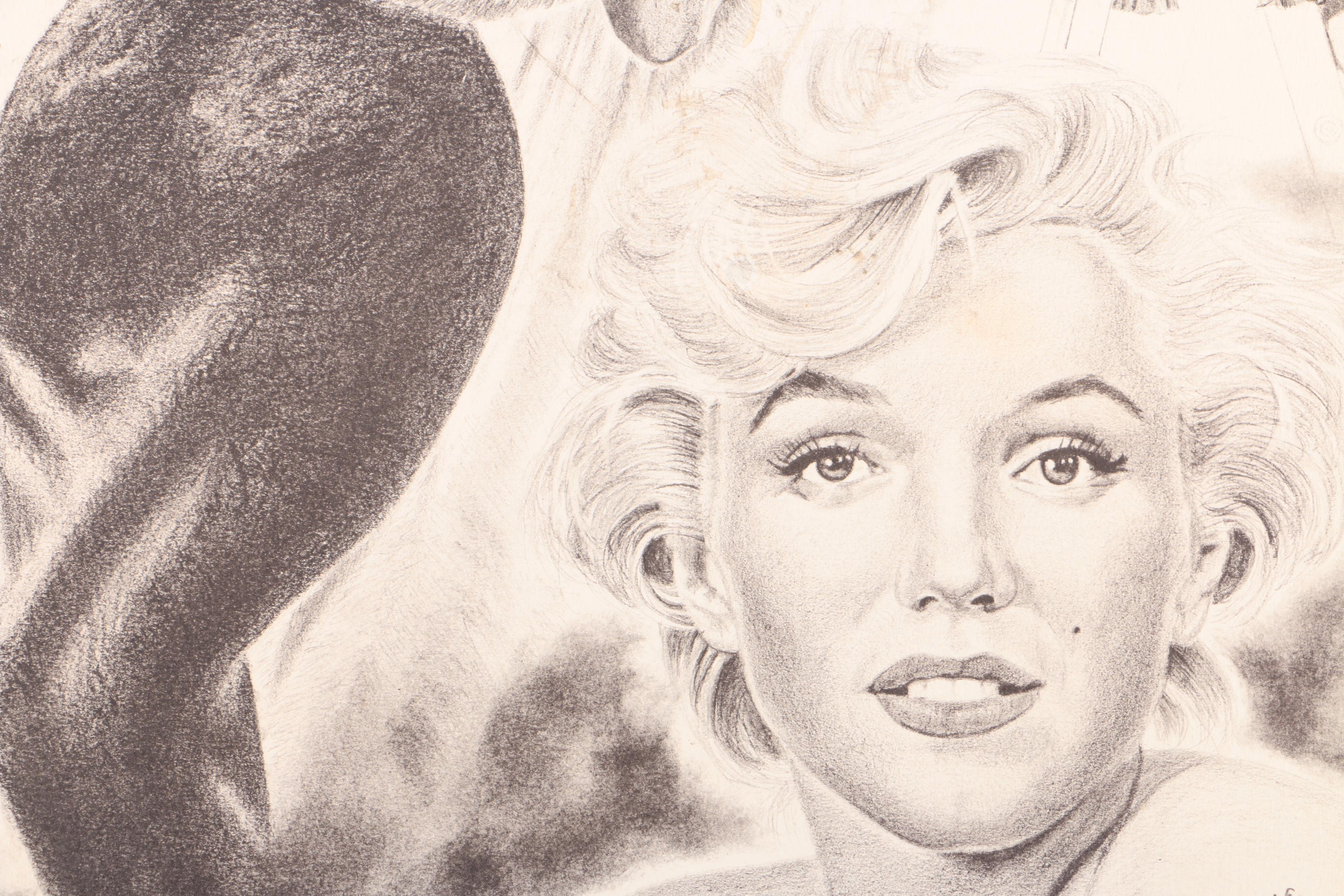 Vintage Half Tone Prints Drawings of Marilyn Monroe and Humphrey Bogart