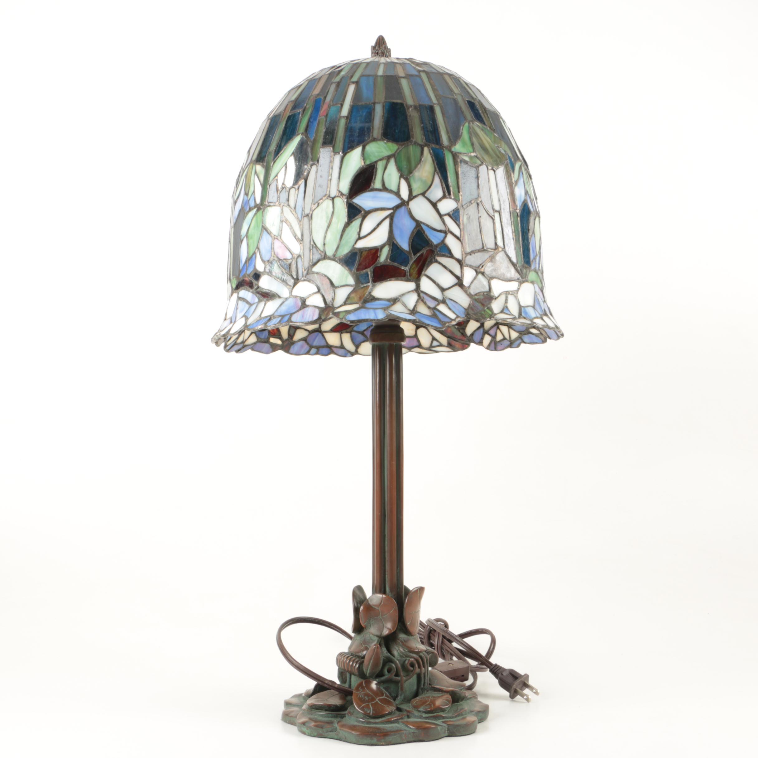 Tiffany Reproduction Bronze Tone Table Lamp With Slag Glass Shade