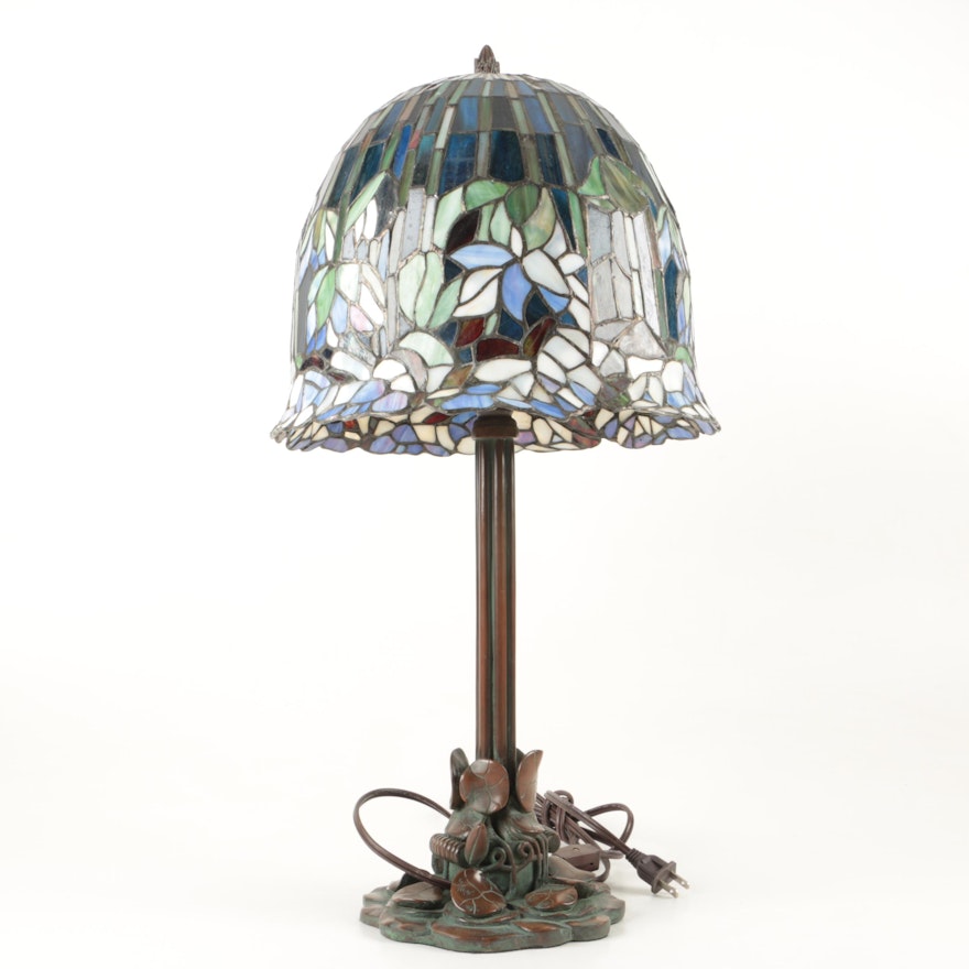 Tiffany Reproduction Bronze Tone Table Lamp With Slag Glass Shade