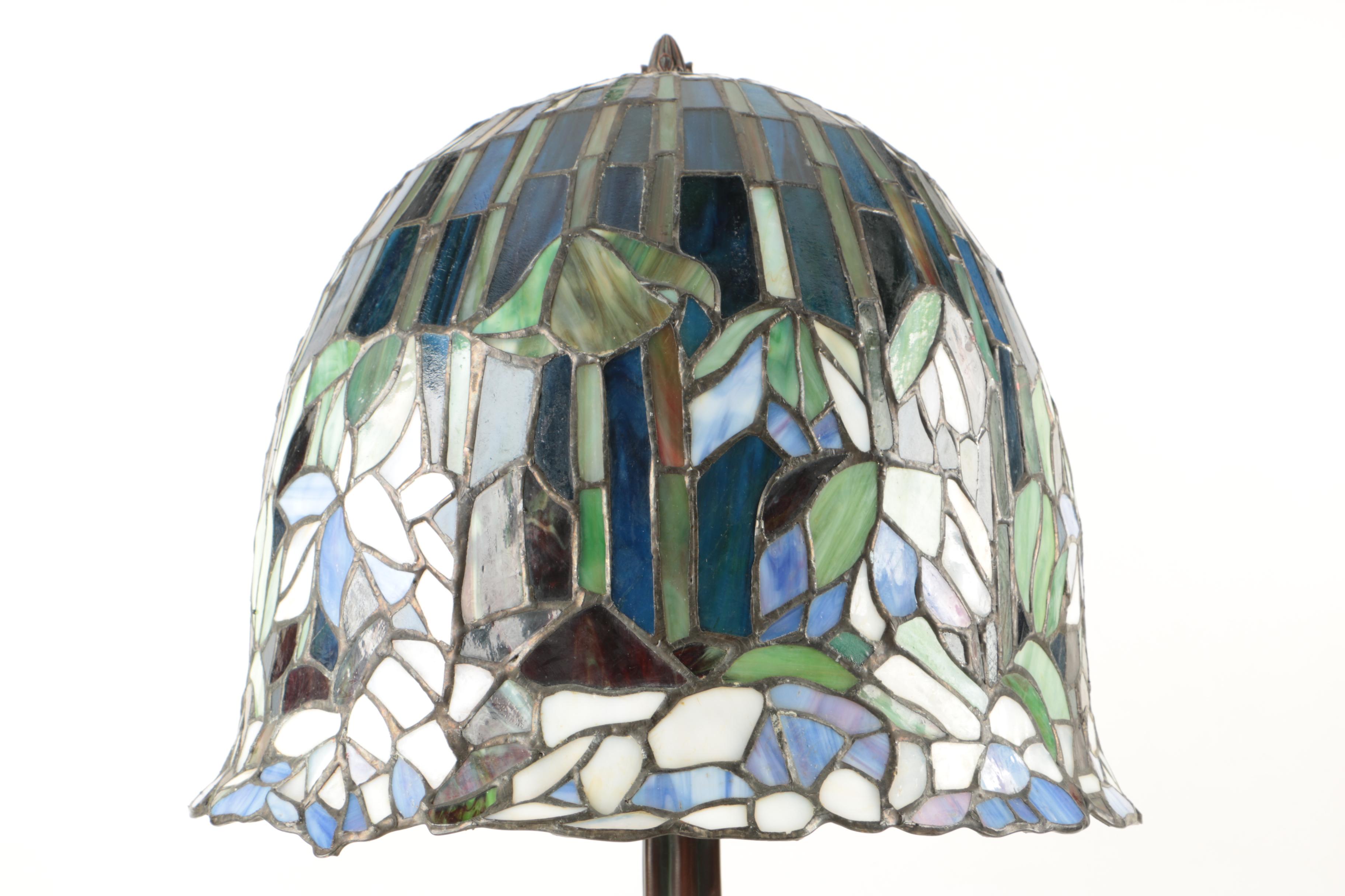 Tiffany Reproduction Bronze Tone Table Lamp With Slag Glass Shade
