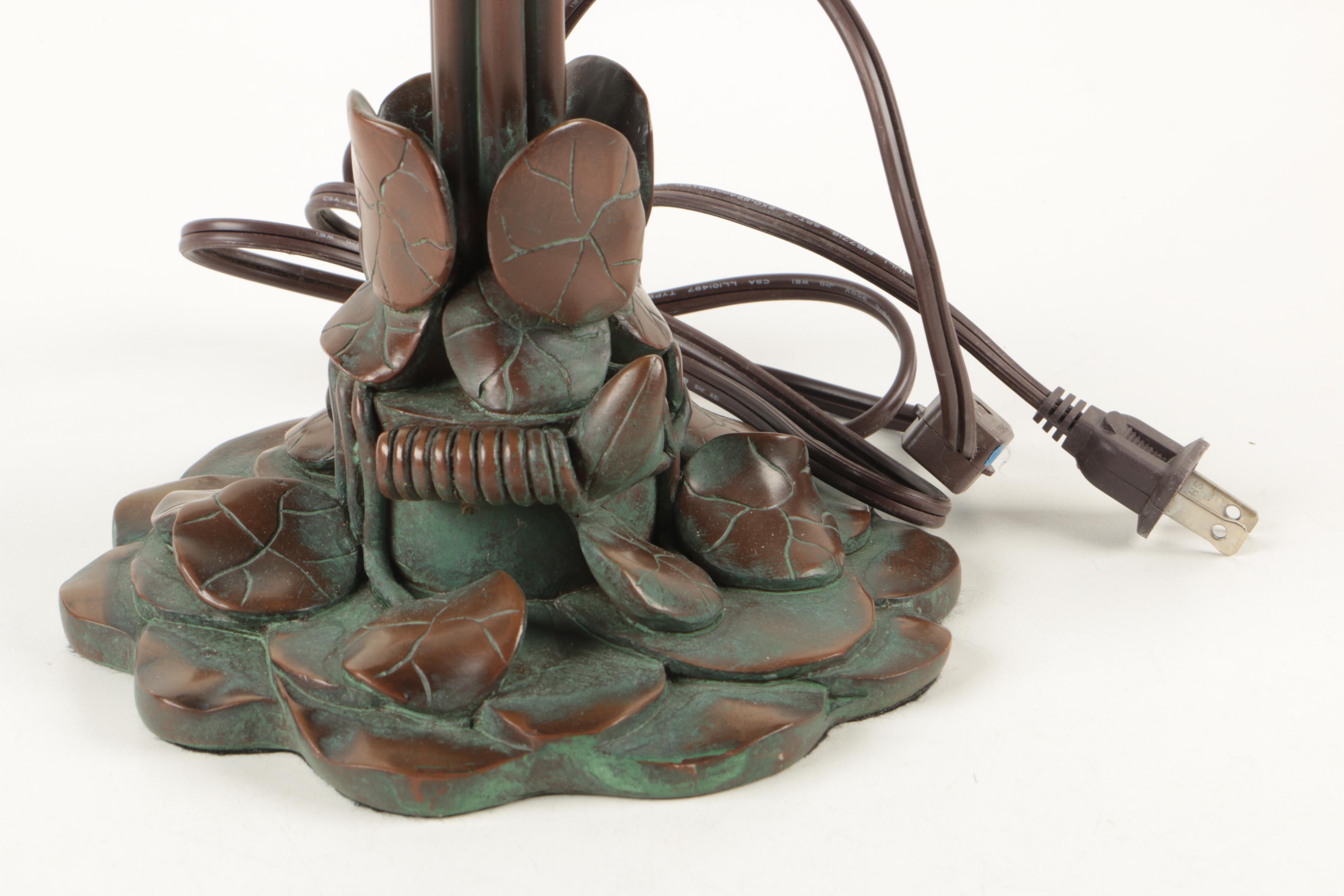 Tiffany Reproduction Bronze Tone Table Lamp With Slag Glass Shade