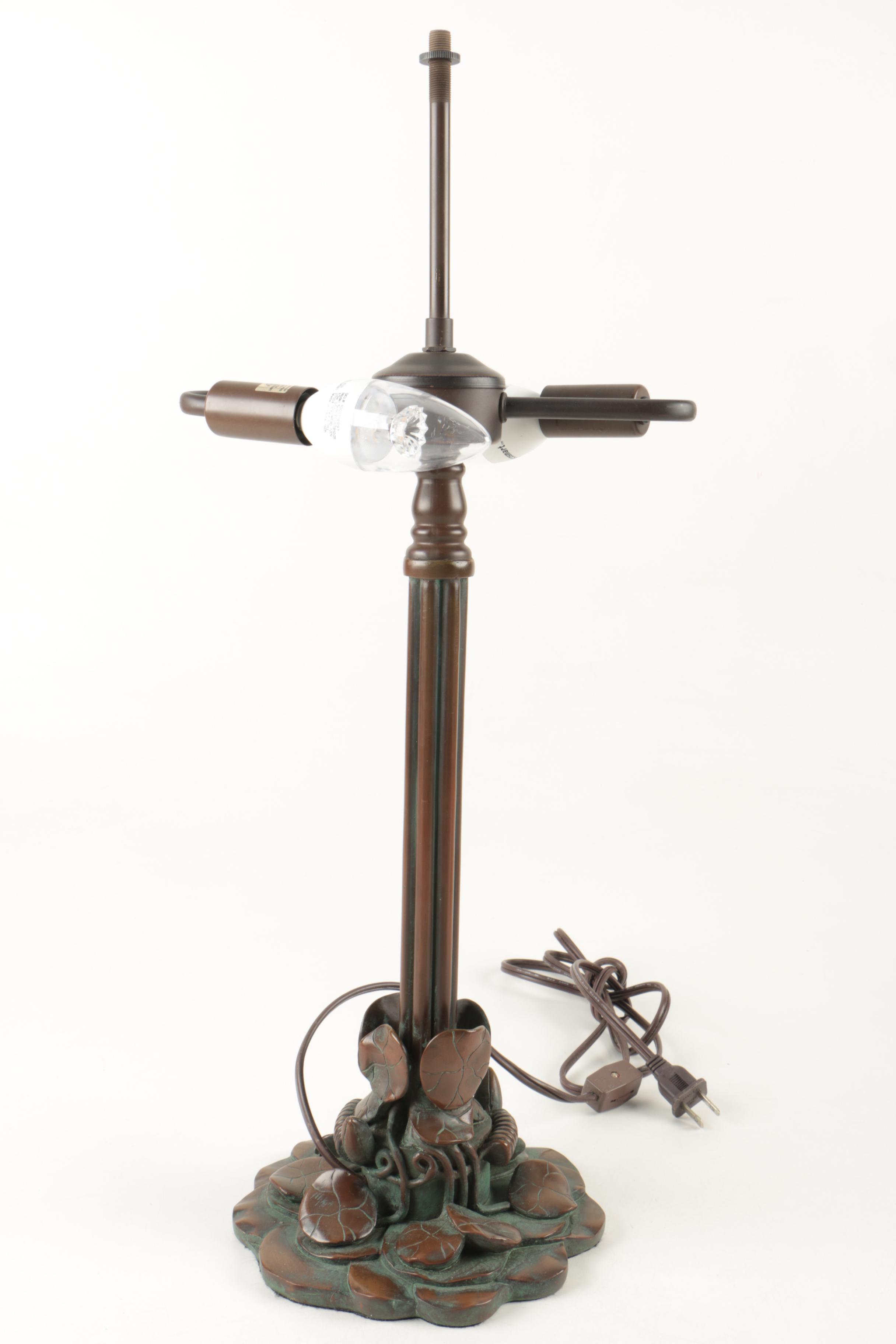 Tiffany Reproduction Bronze Tone Table Lamp With Slag Glass Shade