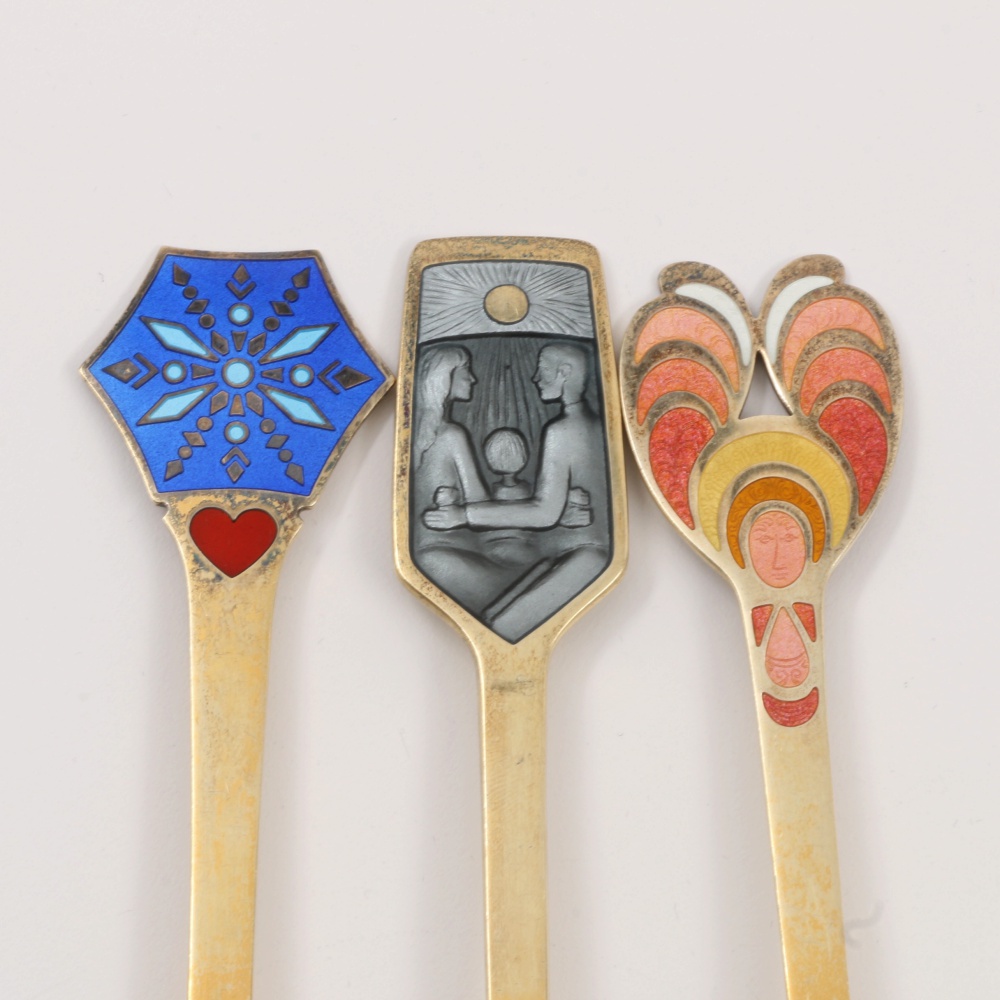 Danish Anton Michelsen Sterling Silver Christmas Enameled Spoons and Forks