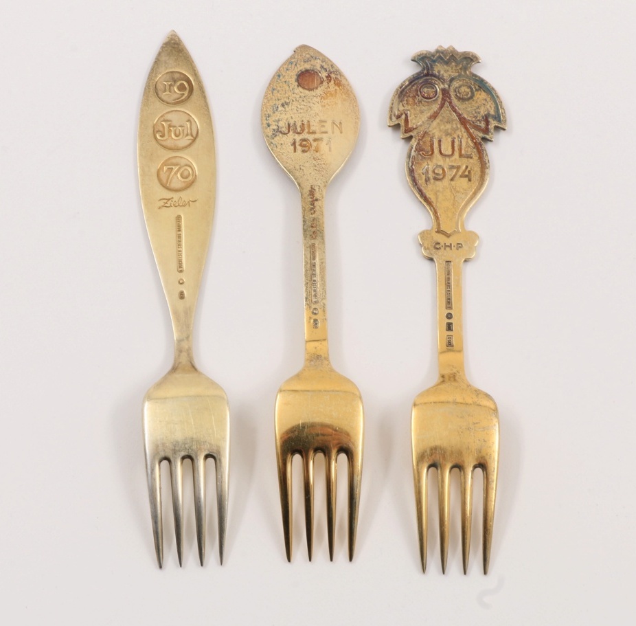 Danish Anton Michelsen Sterling Silver Christmas Enameled Spoons and Forks