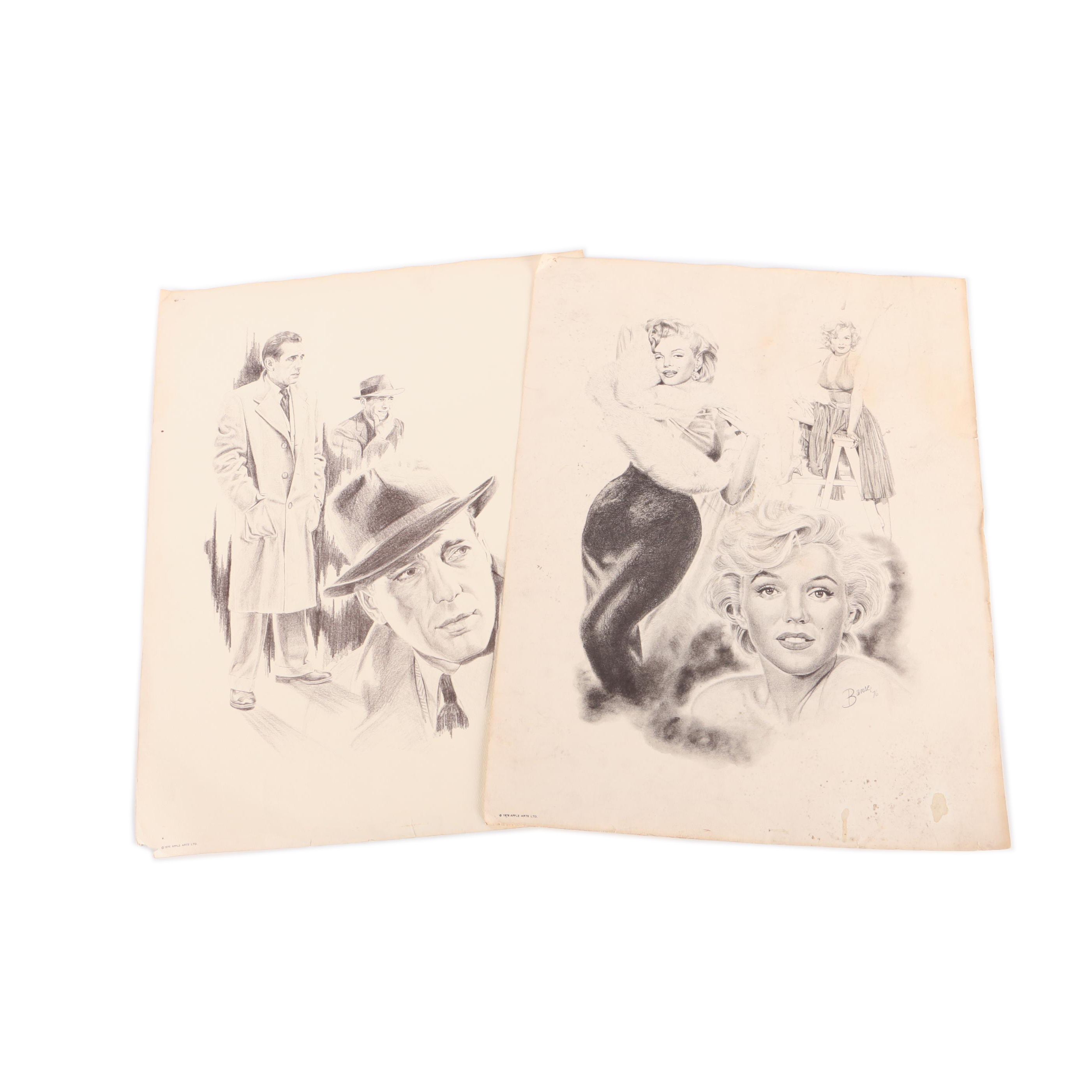 Vintage Half Tone Prints Drawings of Marilyn Monroe and Humphrey Bogart