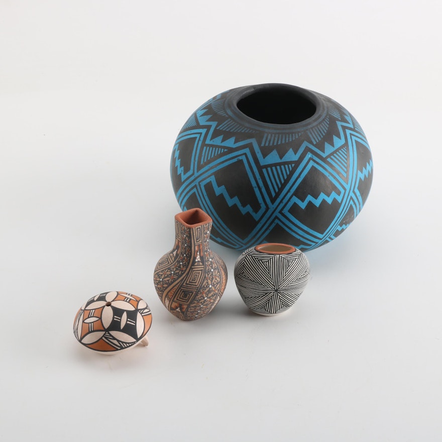 Collection of Southwestern Pottery Featuring Arturo Ramirez Gourd Art