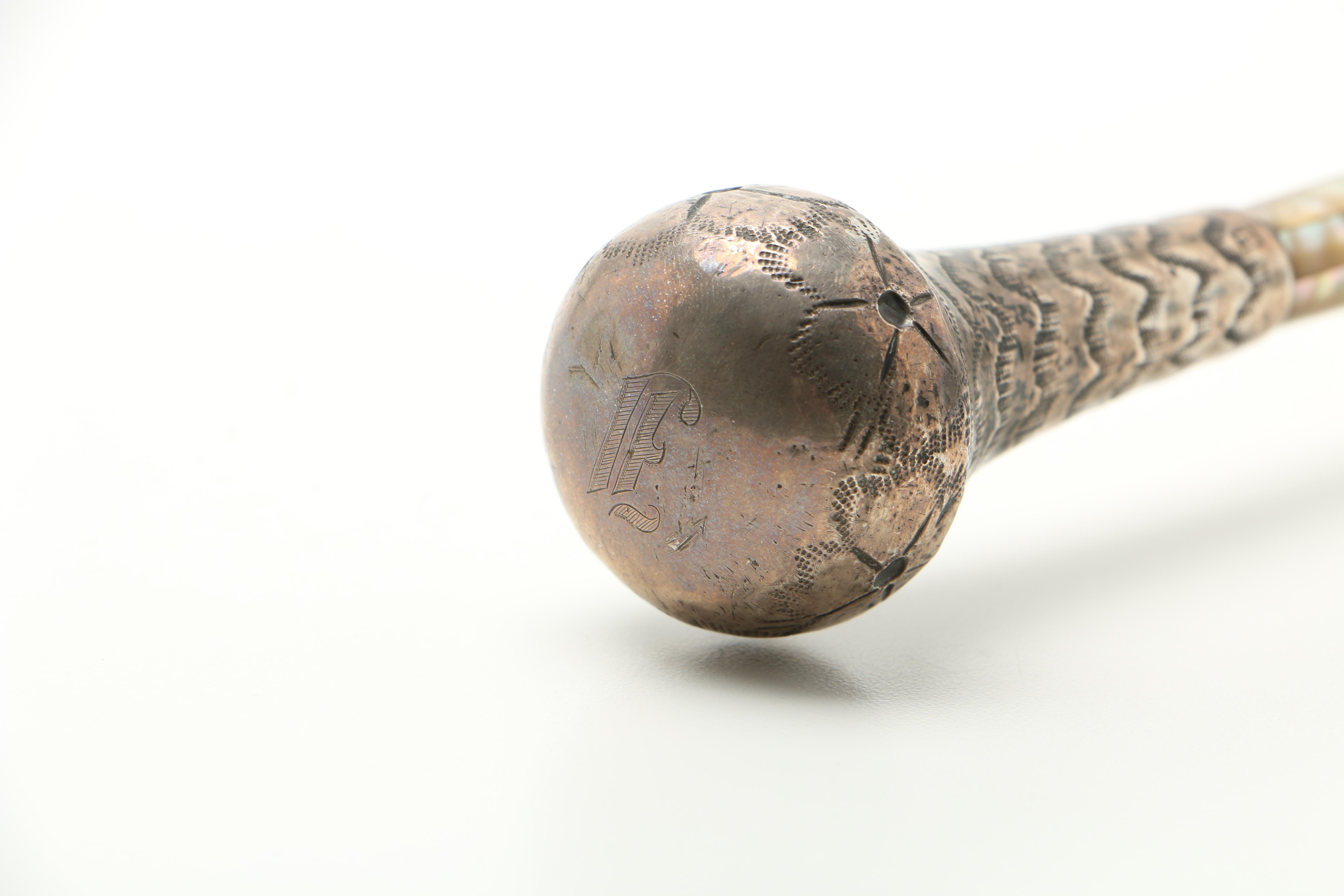 Antique Sterling Silver and Mother of Pearl Inlay Handled Parasol