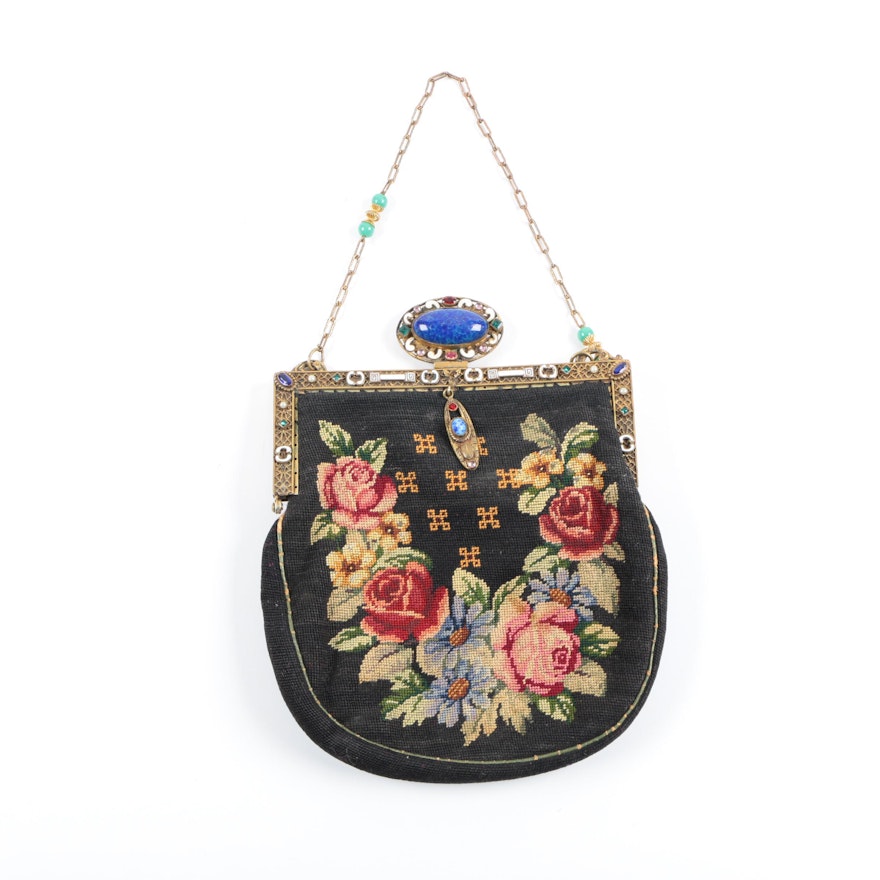 Antique Needlepoint Handbag with Glass Stones