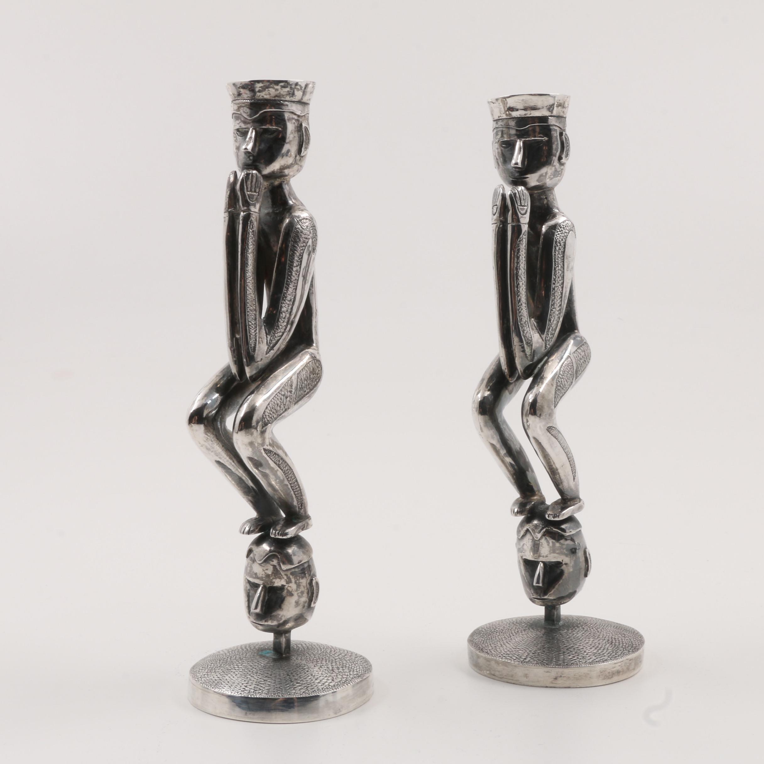 Pair of Indonesian Spiro Sterling Silver Figural Candlesticks