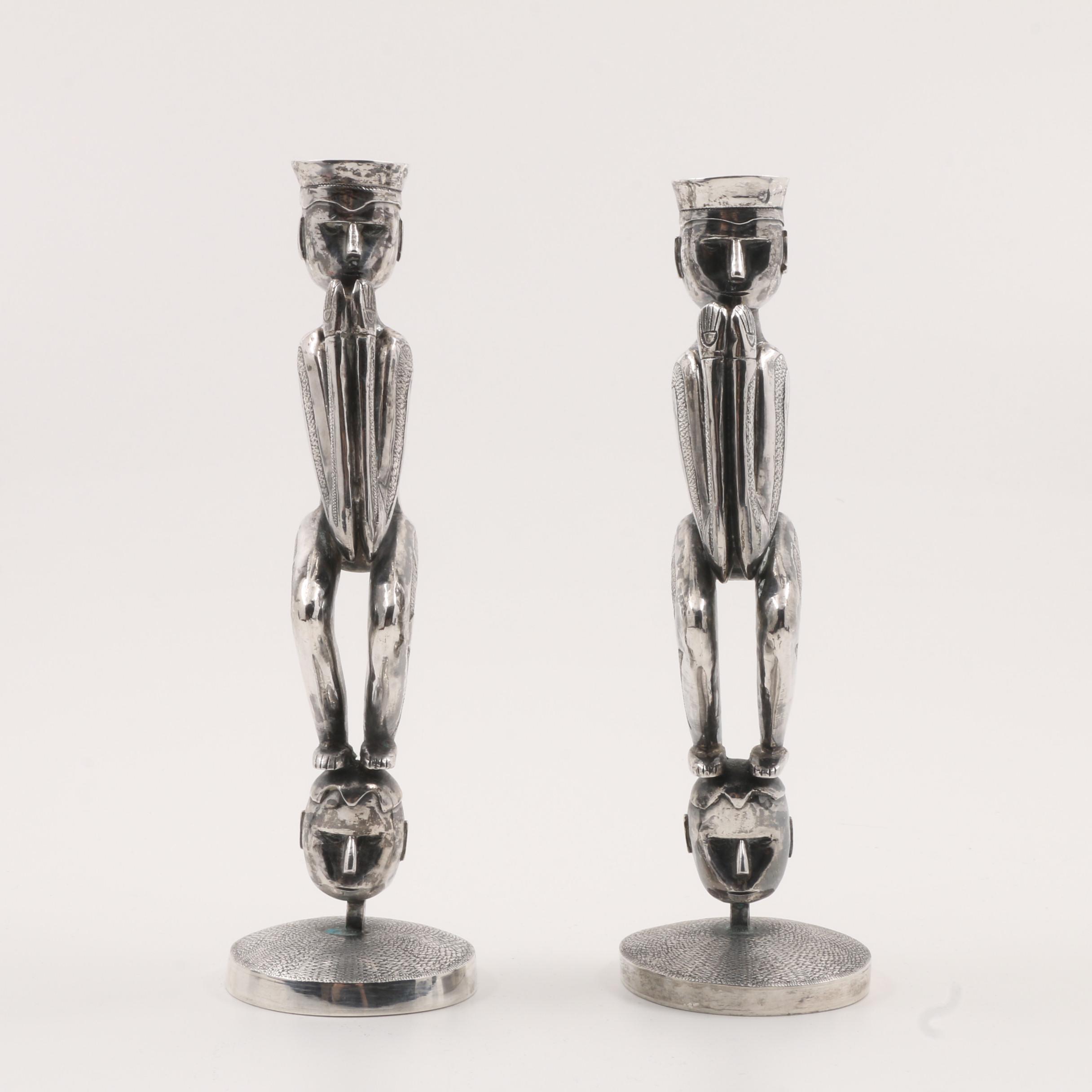 Pair of Indonesian Spiro Sterling Silver Figural Candlesticks