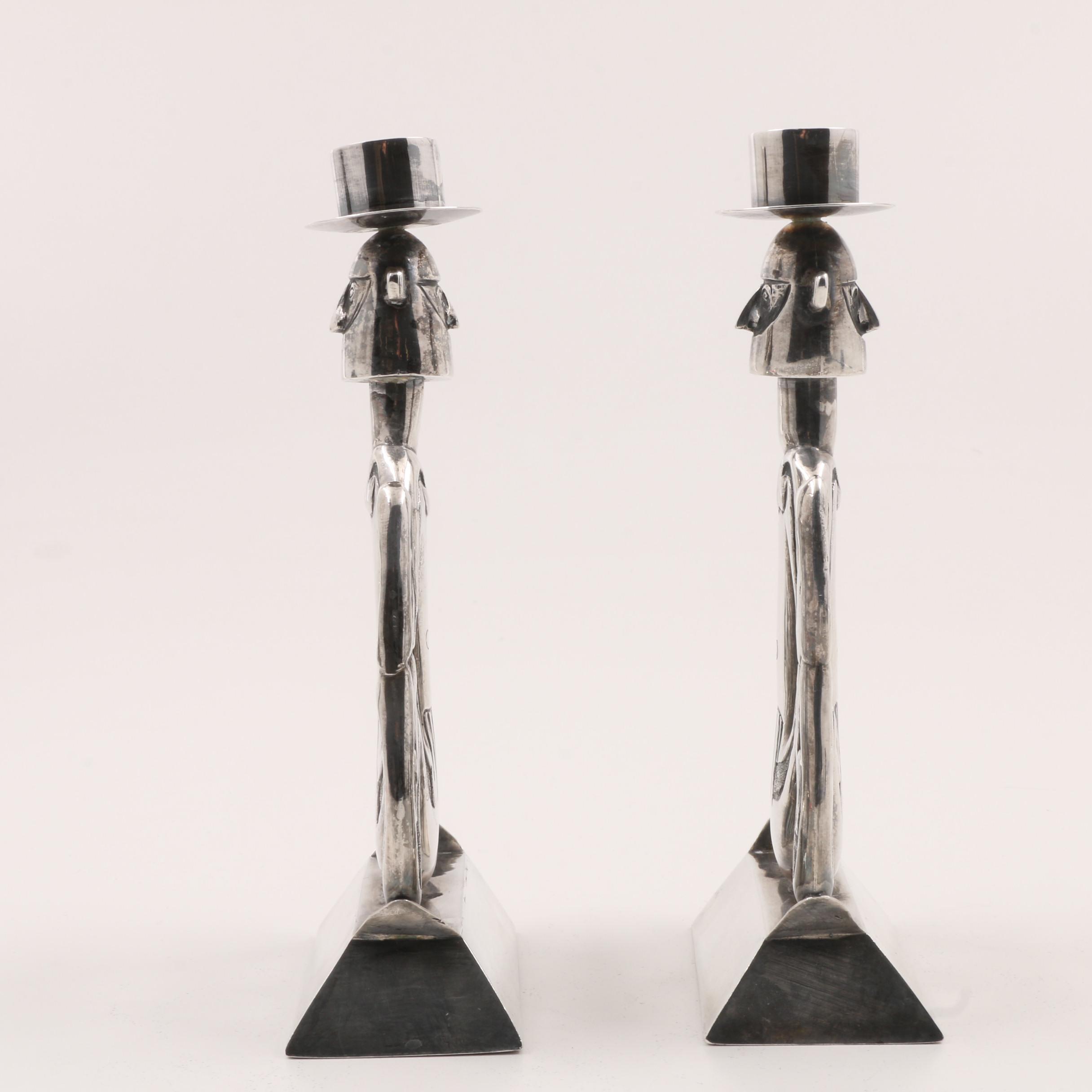 Pair of Mid-Century Indonesian Style Sterling Silver Figural Candlesticks
