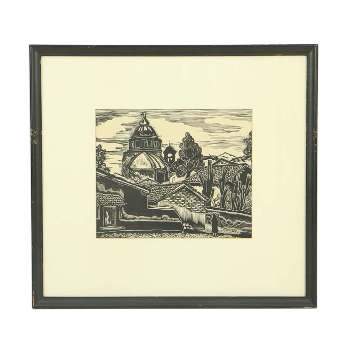 Carl Lewis Pappe Signed Woodcut on Paper "San Bernardino, Taxco"