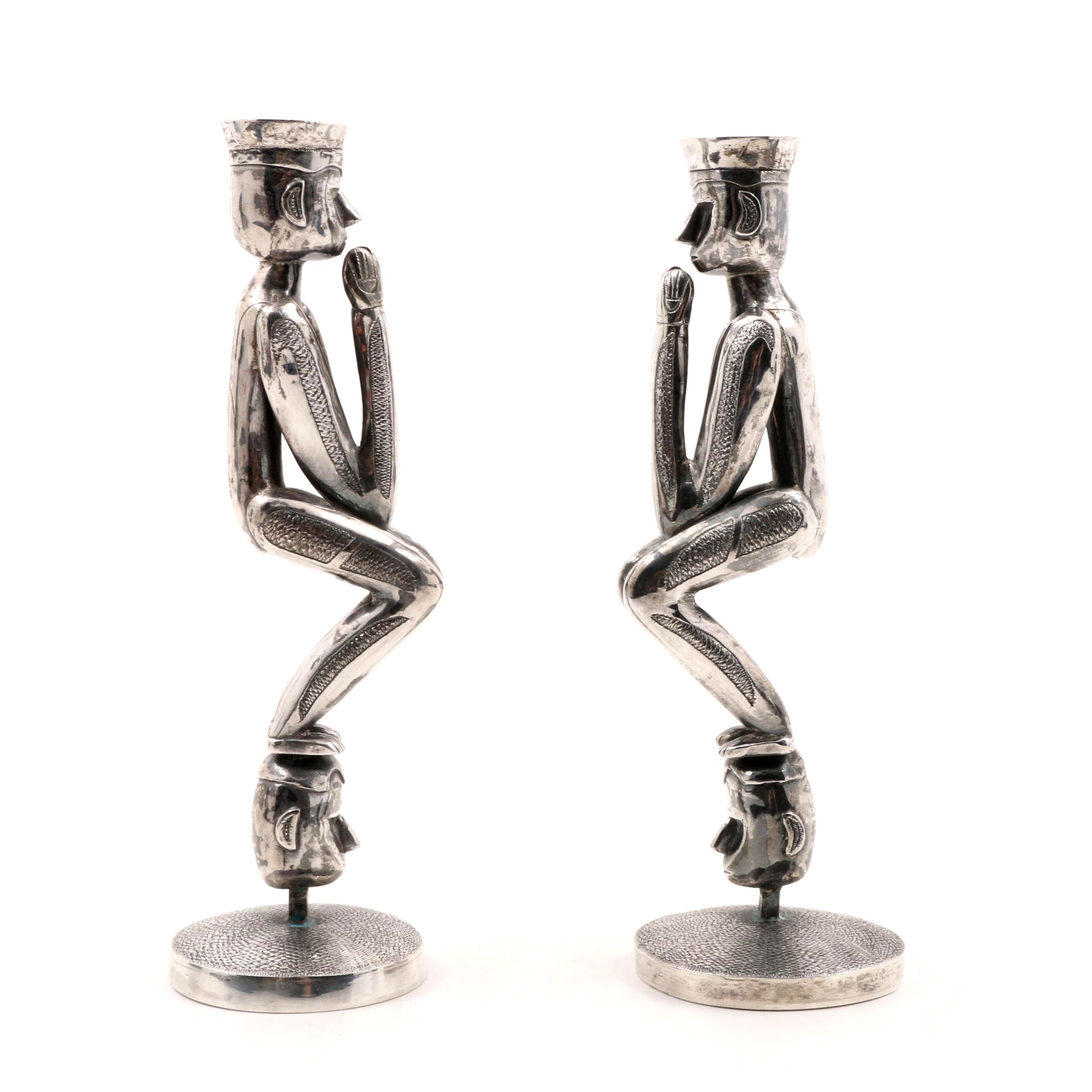 Pair of Indonesian Spiro Sterling Silver Figural Candlesticks