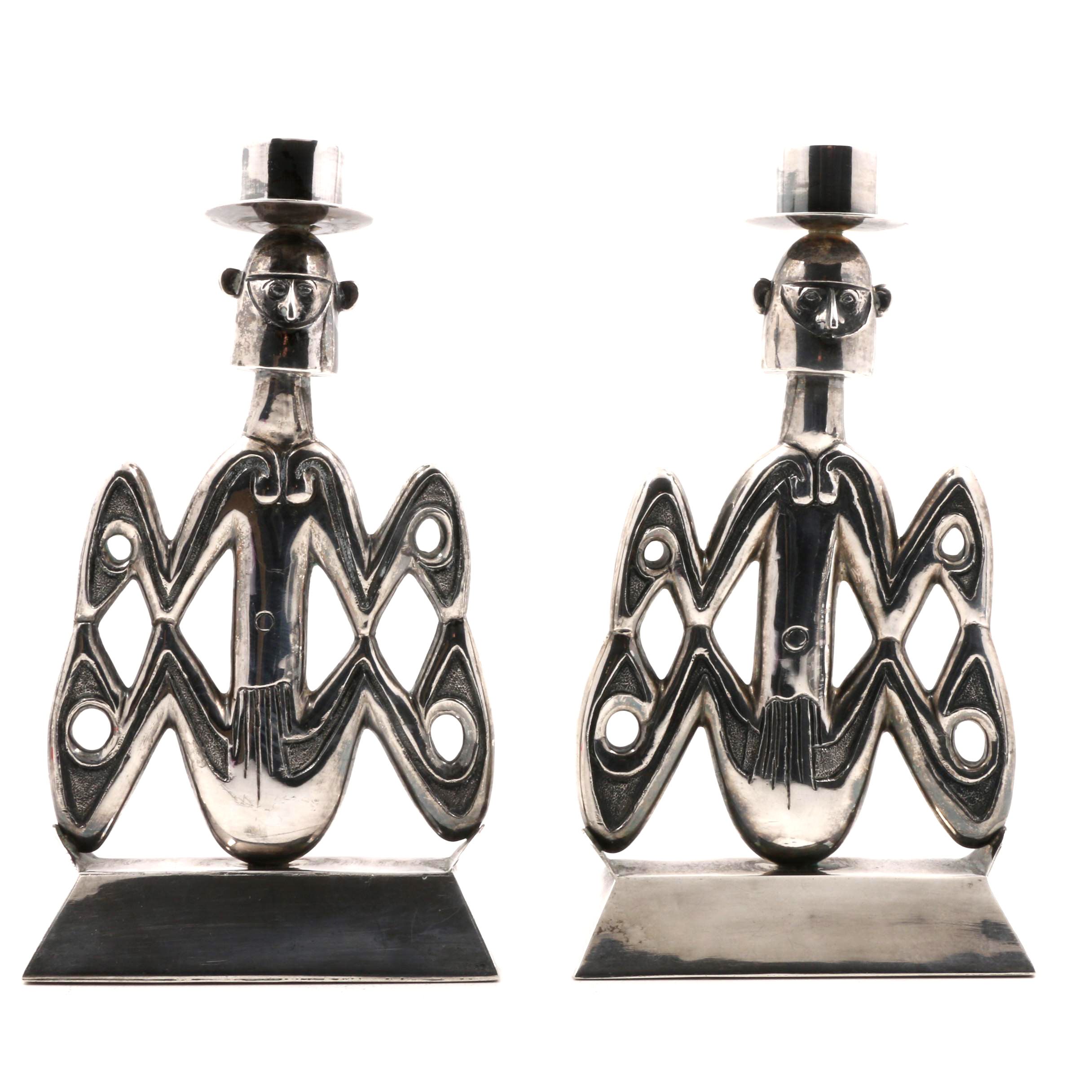Pair of Mid-Century Indonesian Style Sterling Silver Figural Candlesticks
