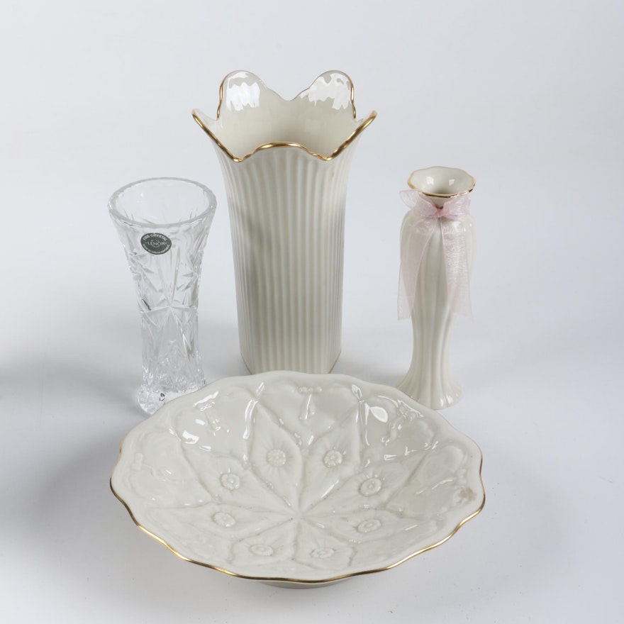 Lenox Porcelain Dish, Vases, and Crystal Bud Vase