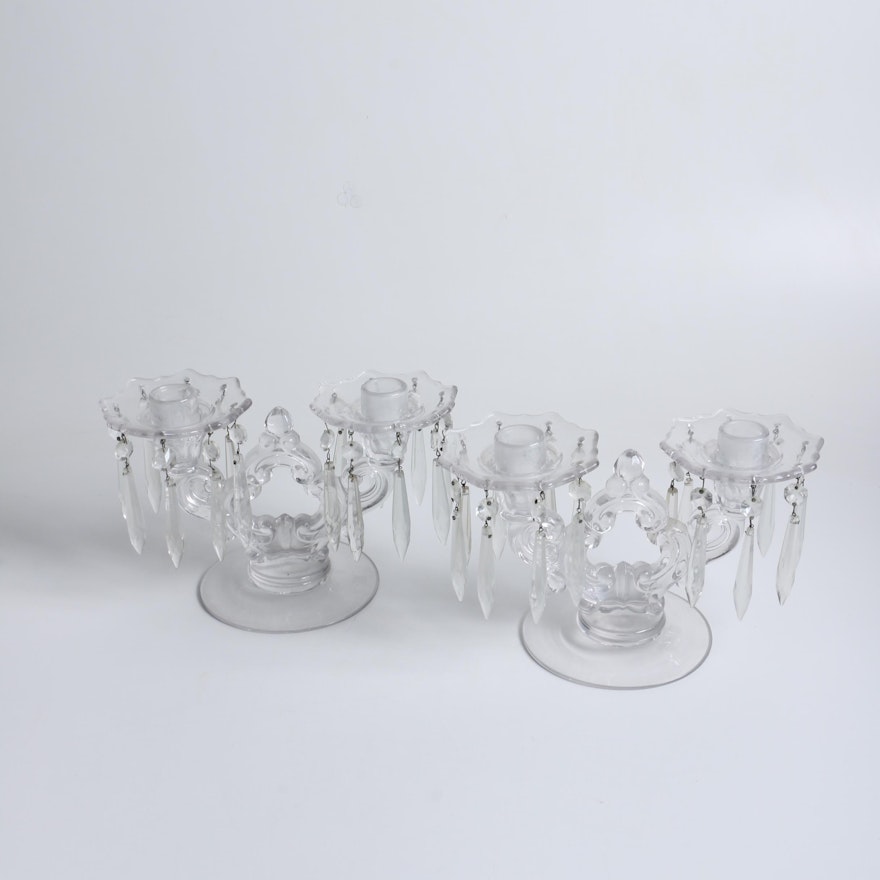 Pair of Depression Glass Candelabras with Prism Adorned Bobeches