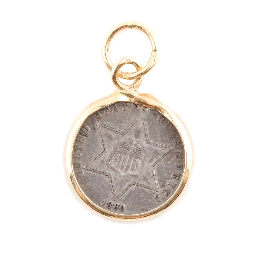 1860 Silver Three Cent Piece in a 14K Gold Bezel