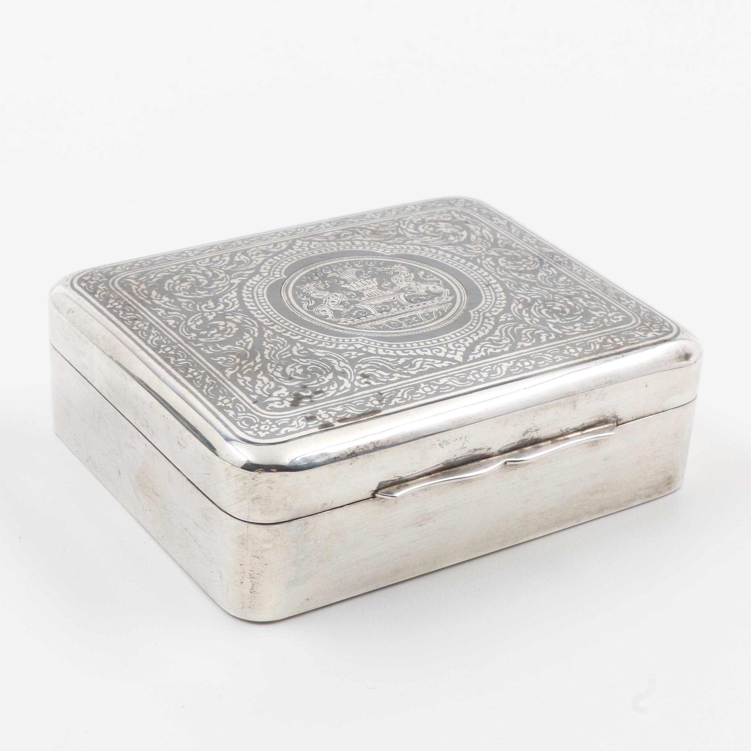 Thailand Sterling Silver Niello Wood-Lined Hinged Cigarette Box