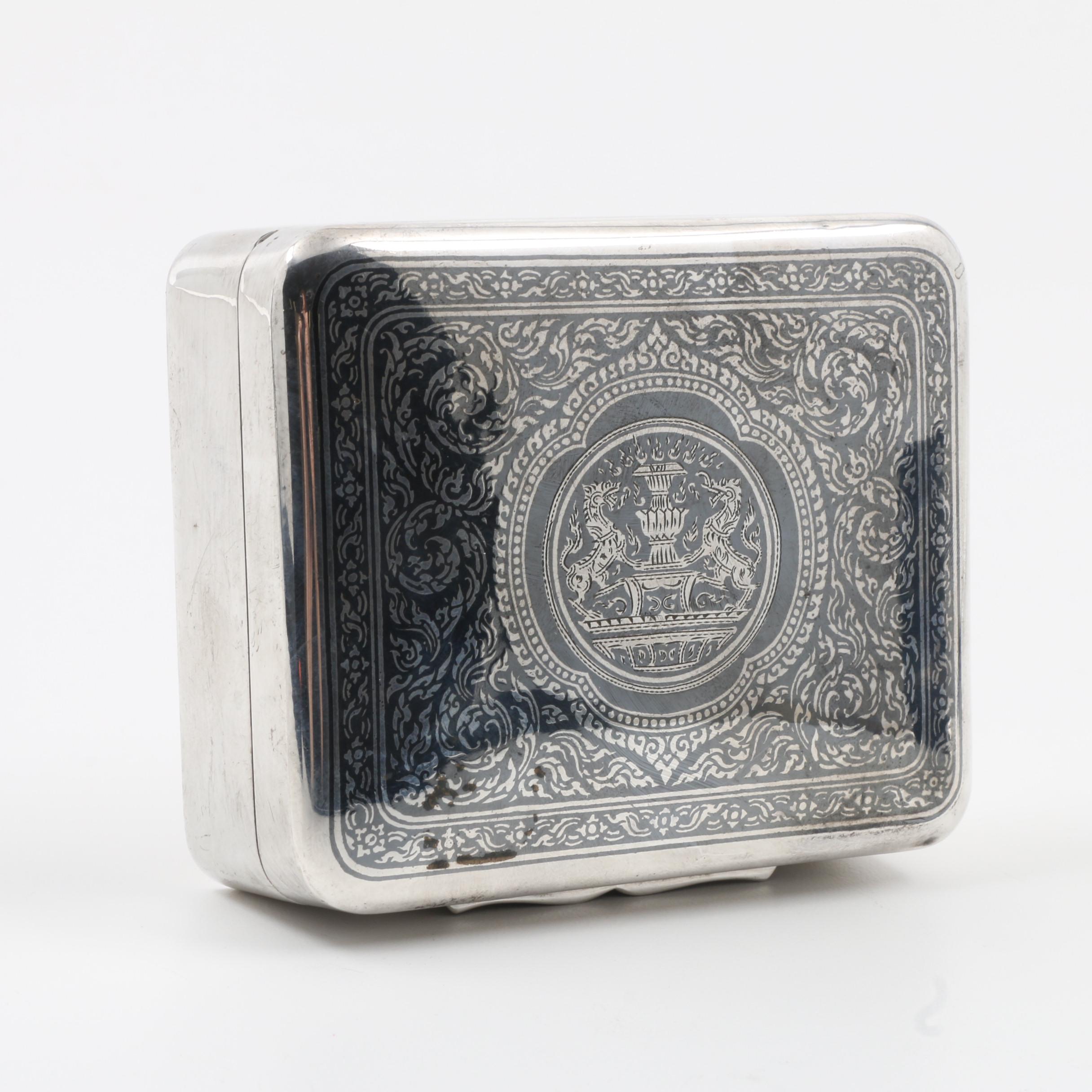 Thailand Sterling Silver Niello Wood-Lined Hinged Cigarette Box