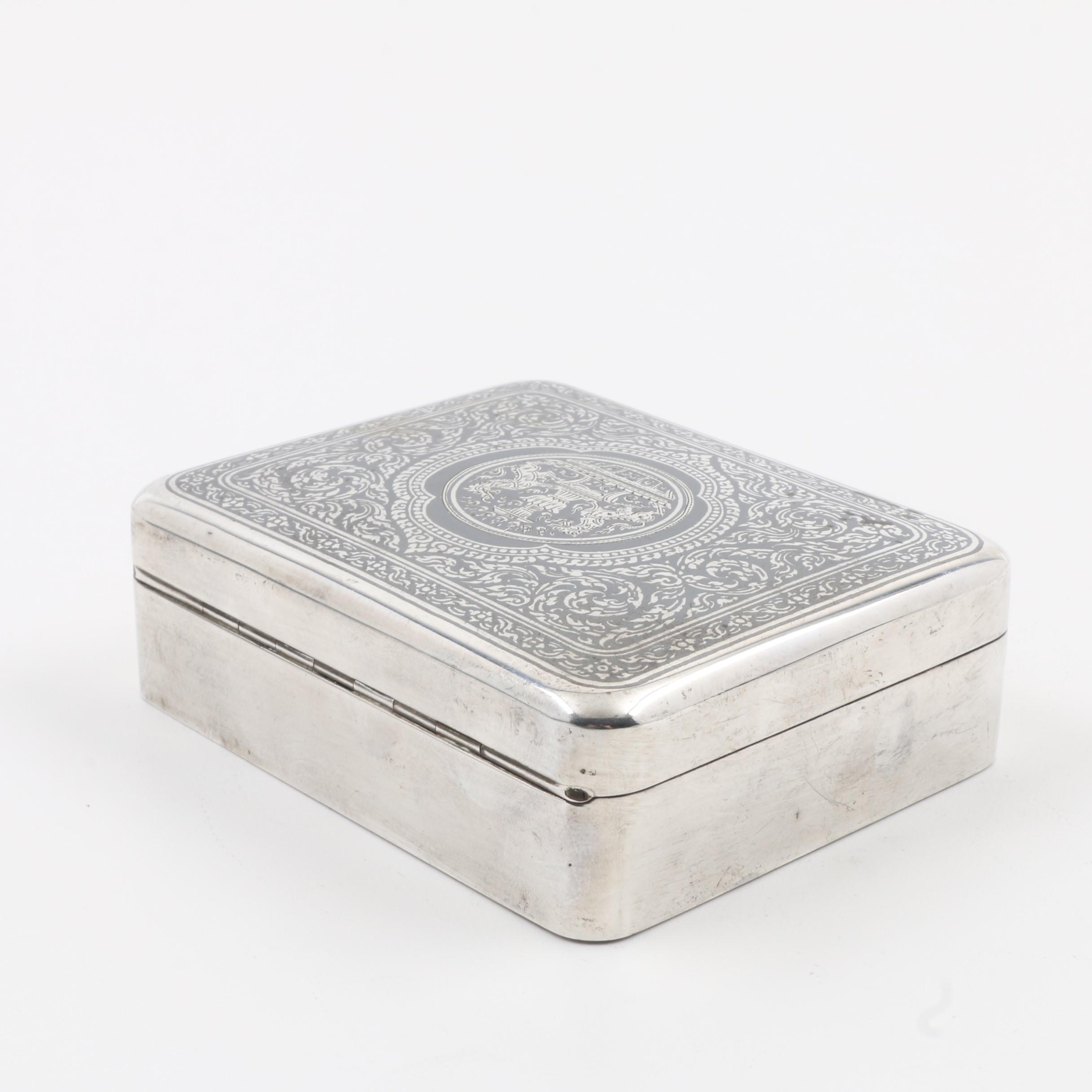 Thailand Sterling Silver Niello Wood-Lined Hinged Cigarette Box