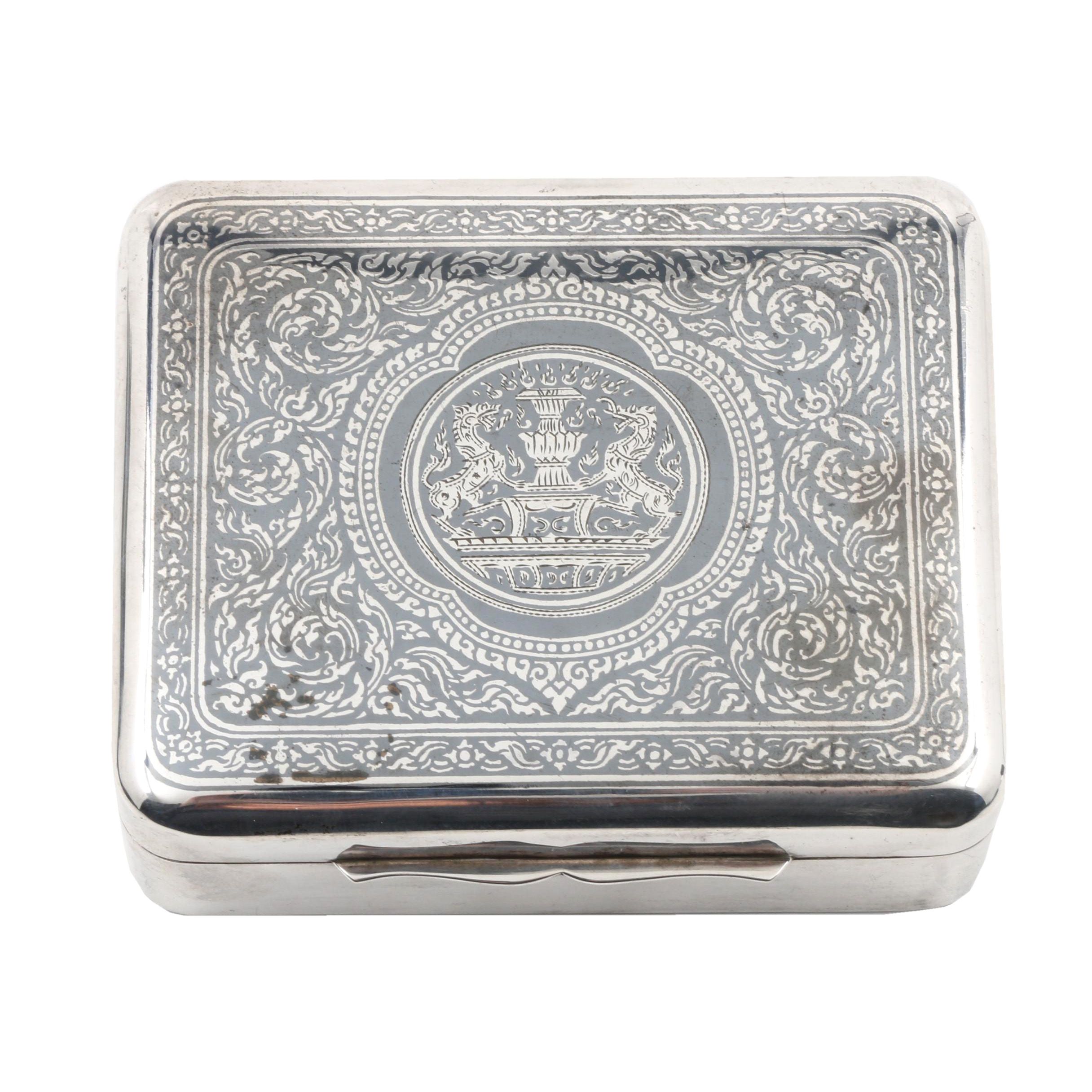 Thailand Sterling Silver Niello Wood-Lined Hinged Cigarette Box