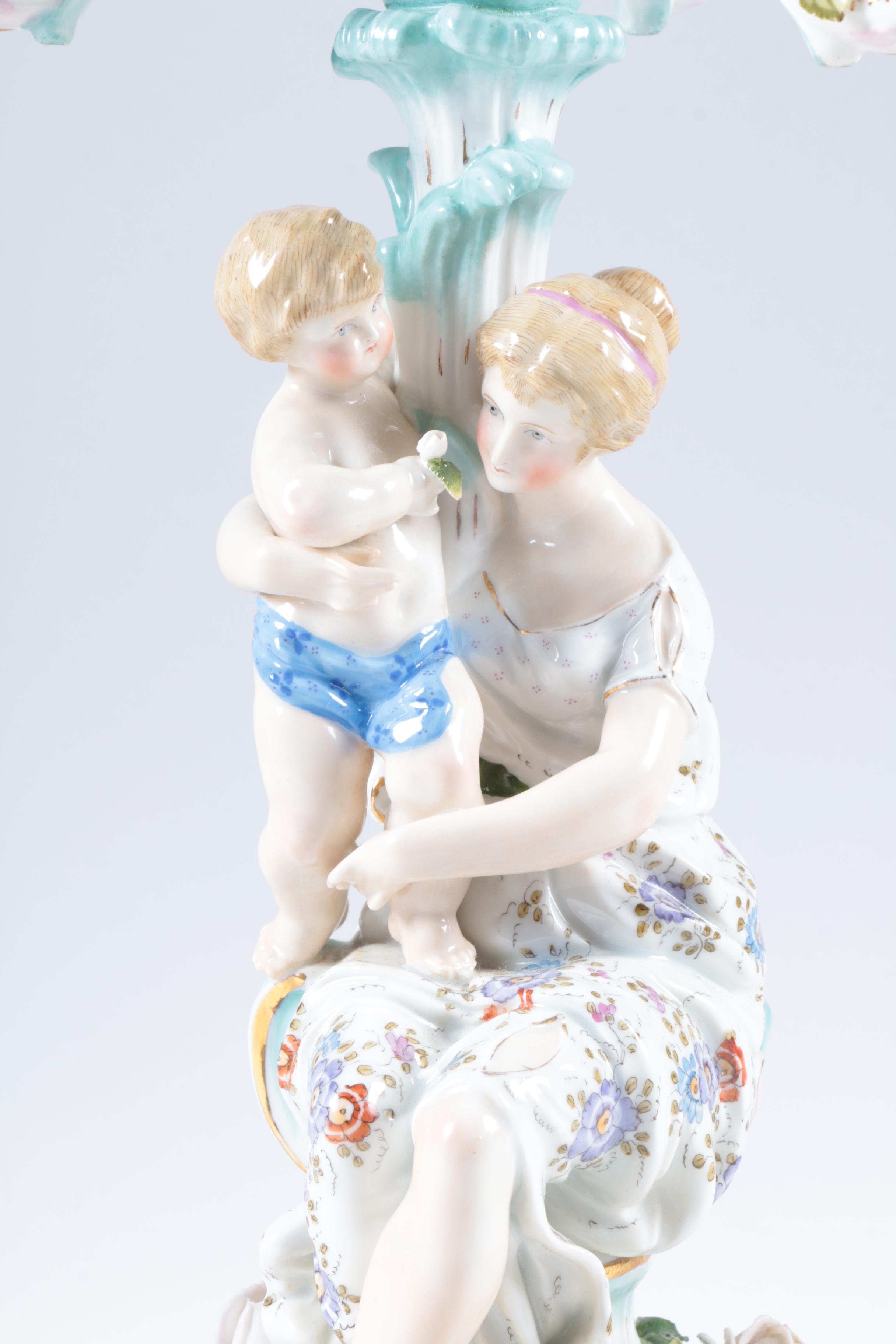 Antique Meissen Hand-Painted Porcelain Figural Candelabra