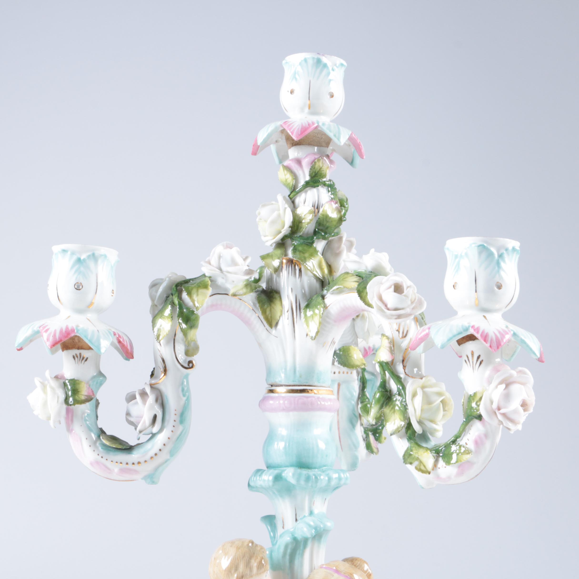 Antique Meissen Hand-Painted Porcelain Figural Candelabra