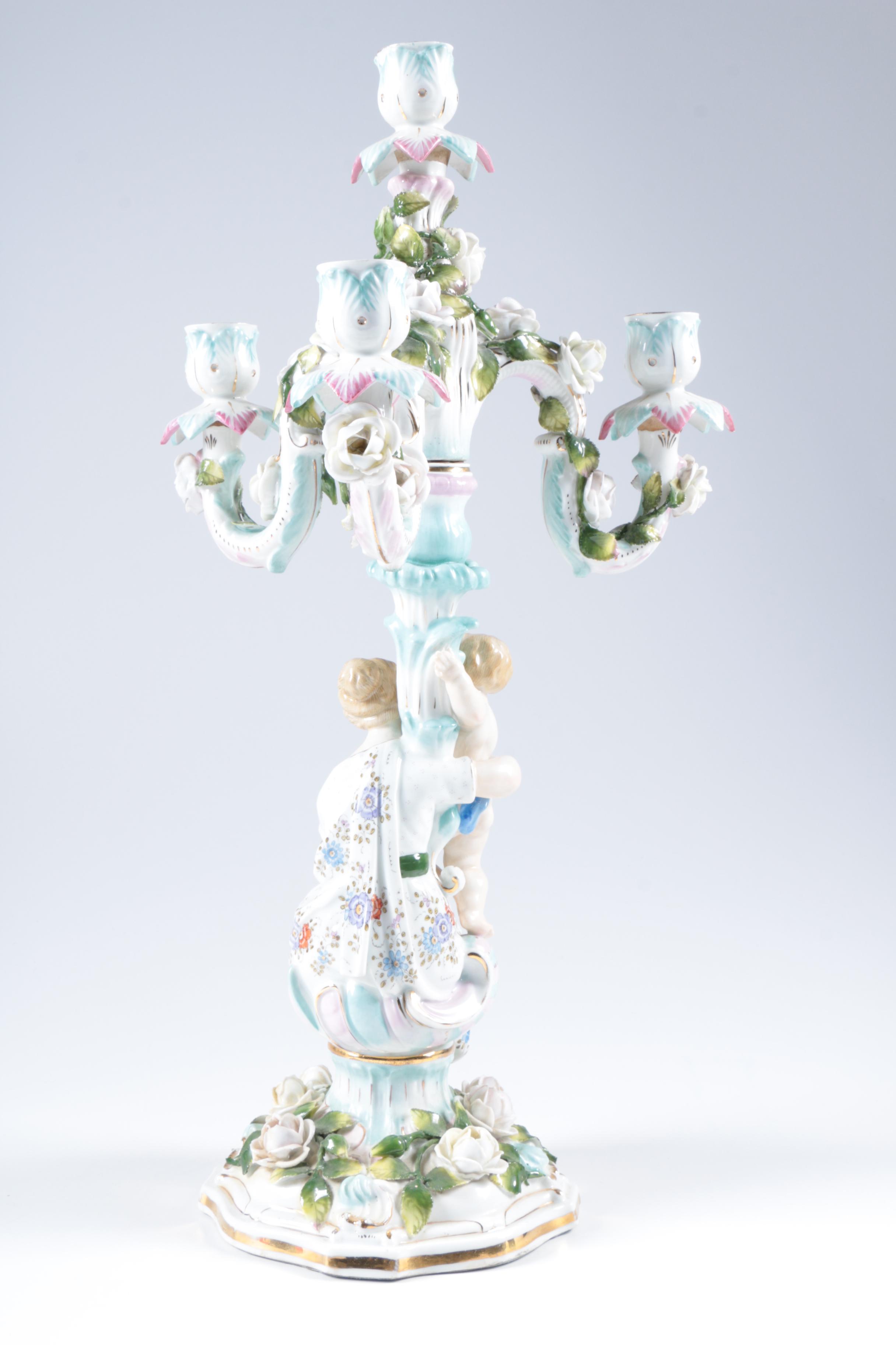 Antique Meissen Hand-Painted Porcelain Figural Candelabra